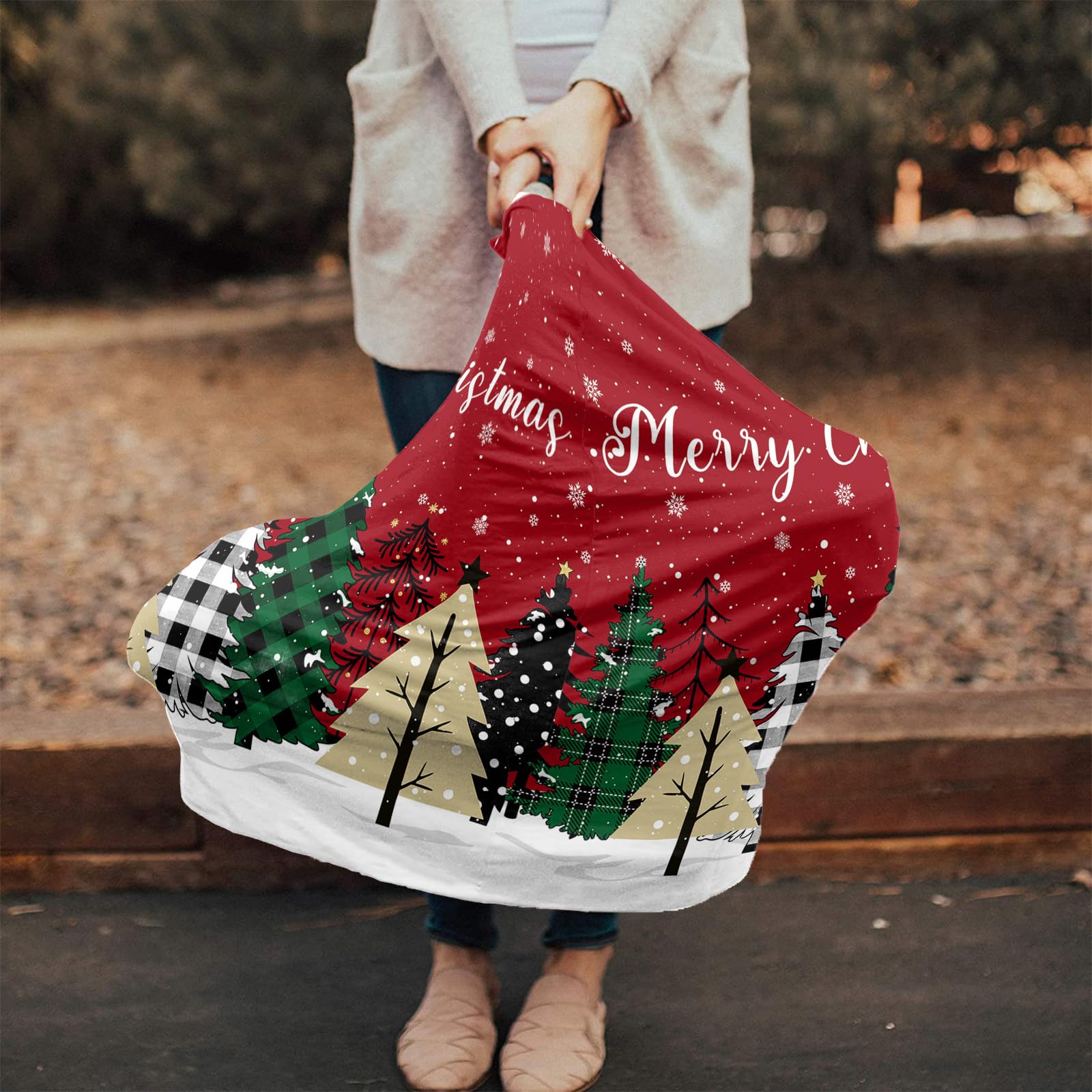 Nursing Cover for Breastfeeding Scarf, Merry Christmas Plaid Xmas Tree Snow Red Baby Car Covers Super Soft Multi Use for Canopy Shopping Cart Cover Blanket Stroller Cover