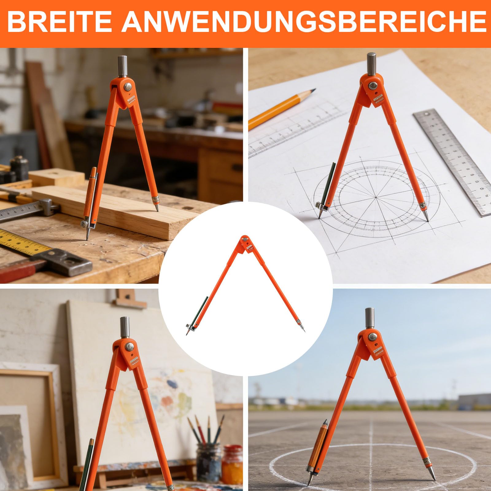 Zirkel, Zirkel mit Stifthalter, Zirkel Groß, Professioneller Tischlerzirkel, Einstellbar, Klarer Strich, für Holzbearbeitung, Geometriezeichnung (Orange)