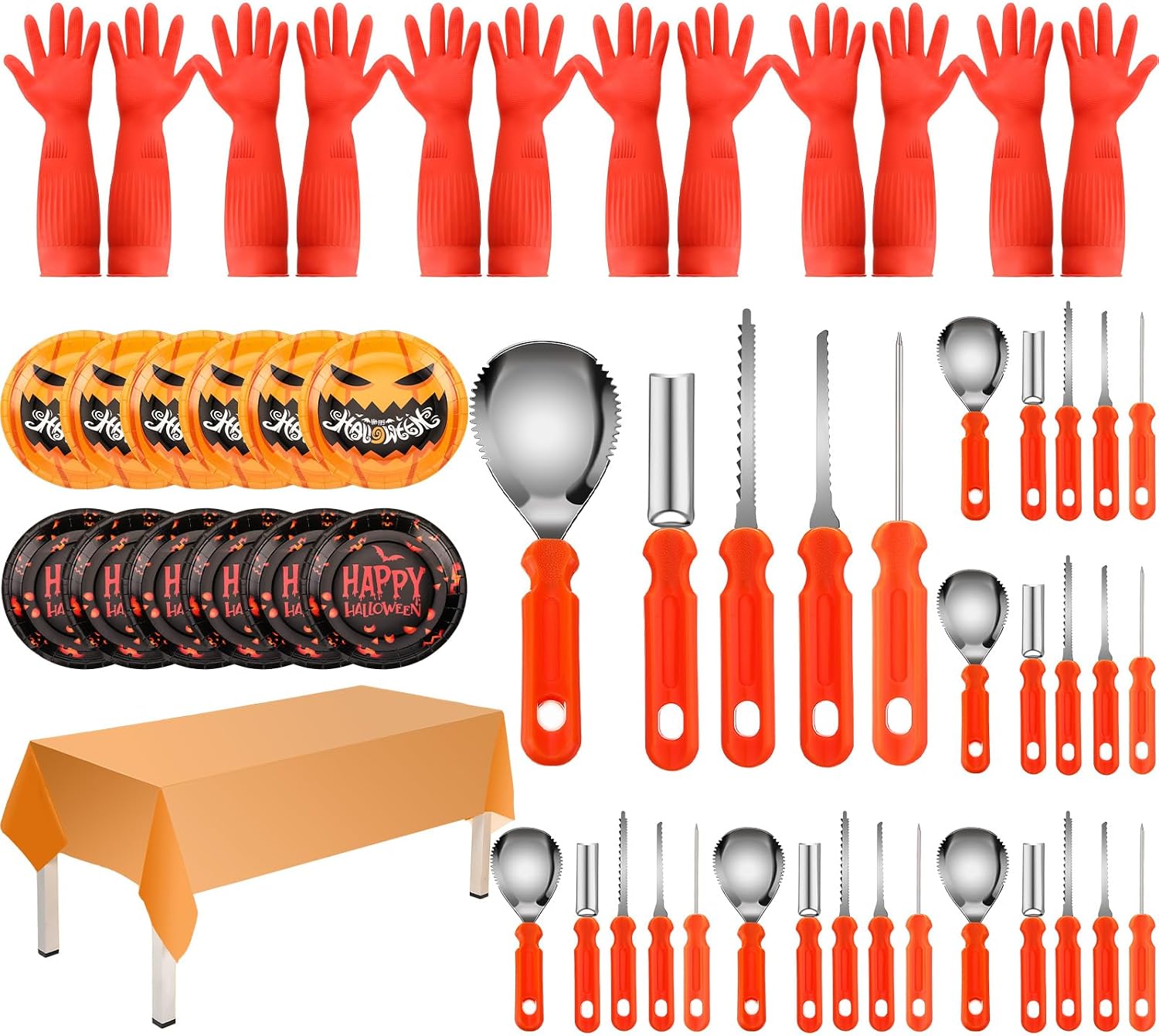 49 Pcs Halloween Carving Kit-set of 6 Stainless Steel Carving Tools Include 30 Knives, 6 Glove, 12 Plate, 1 Tablecloth, Gifts for Halloween Party (49 Pcs,Orange, Tangerine,Pumpkin)