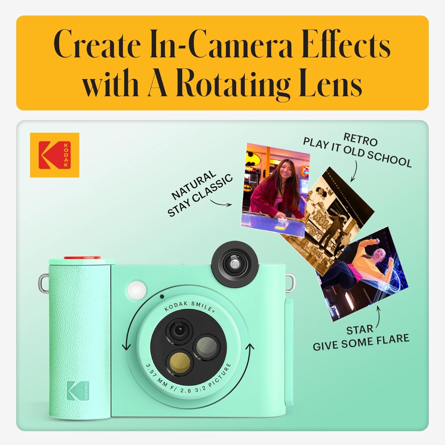 Kodak Smile+ 2-in-1 Digital Instant Print Camera & Wireless Bluetooth Photo Printer - 10MP, Special-Effect Rotating Lens, Zink 2x3” Sticky-Back Photos, Print via Fun App from Smart Devices - Green