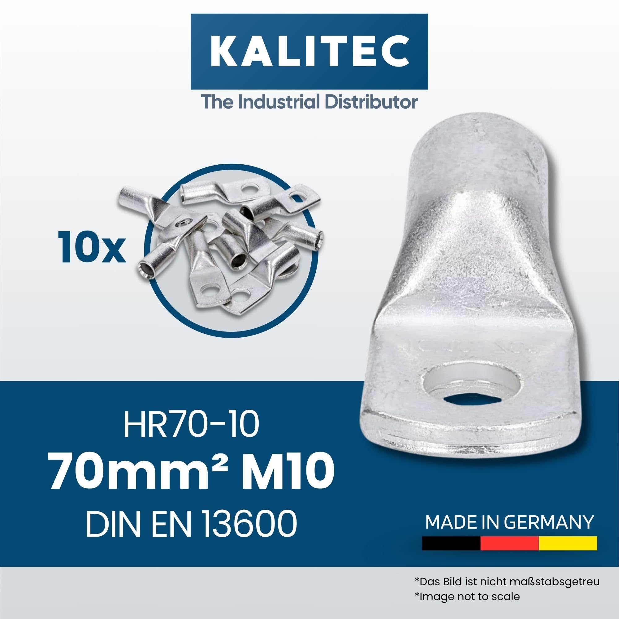 Kalitec 10x Cosse Tubulaire 70 mm² M10, Connecteur à Sertir en Cuivre | Standard DIN EN 13600, cuivre étamé anticorrosion, homologué UL, idéal pour installations solaires, auto et industrie.