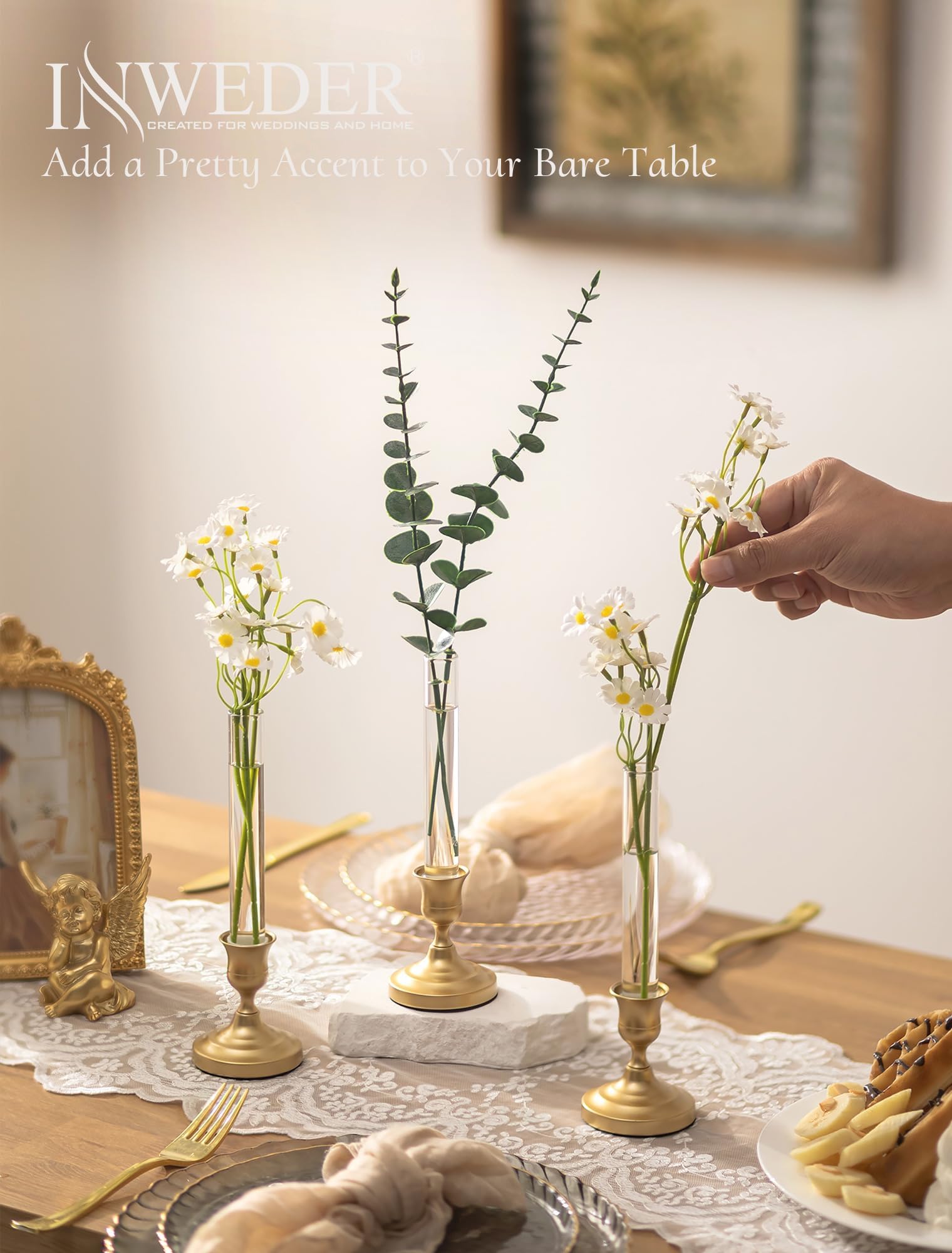 Reagenzgläser Vase mit Gold Kerzenhalter für Tischdeko, 12 Stück | 2-in-1 Design, mit Silikonhülle, für Hydrokultur/Einzelne Blumen, Kleine Blumenvase für Hochzeit Jahrestag Geburtstag Party