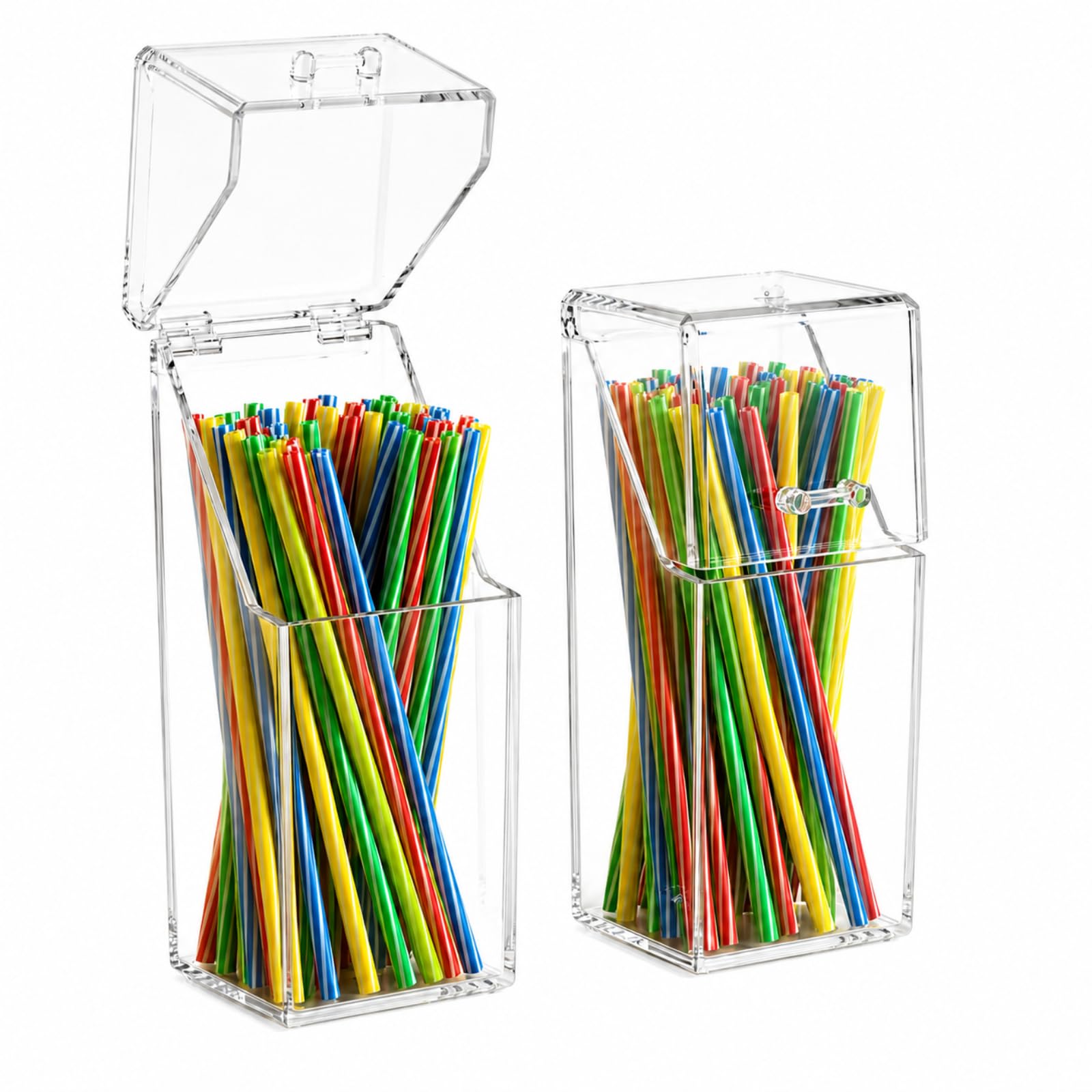 Raoletin Clear Straw Holder for Cupboard with Flip Top Lid, Plastic Straw Organizer, Dustproof Coffee Bar Accessories Dispenser for Coffee Station, Kitchen, Bar, Vanity, Office and Commercial Use
