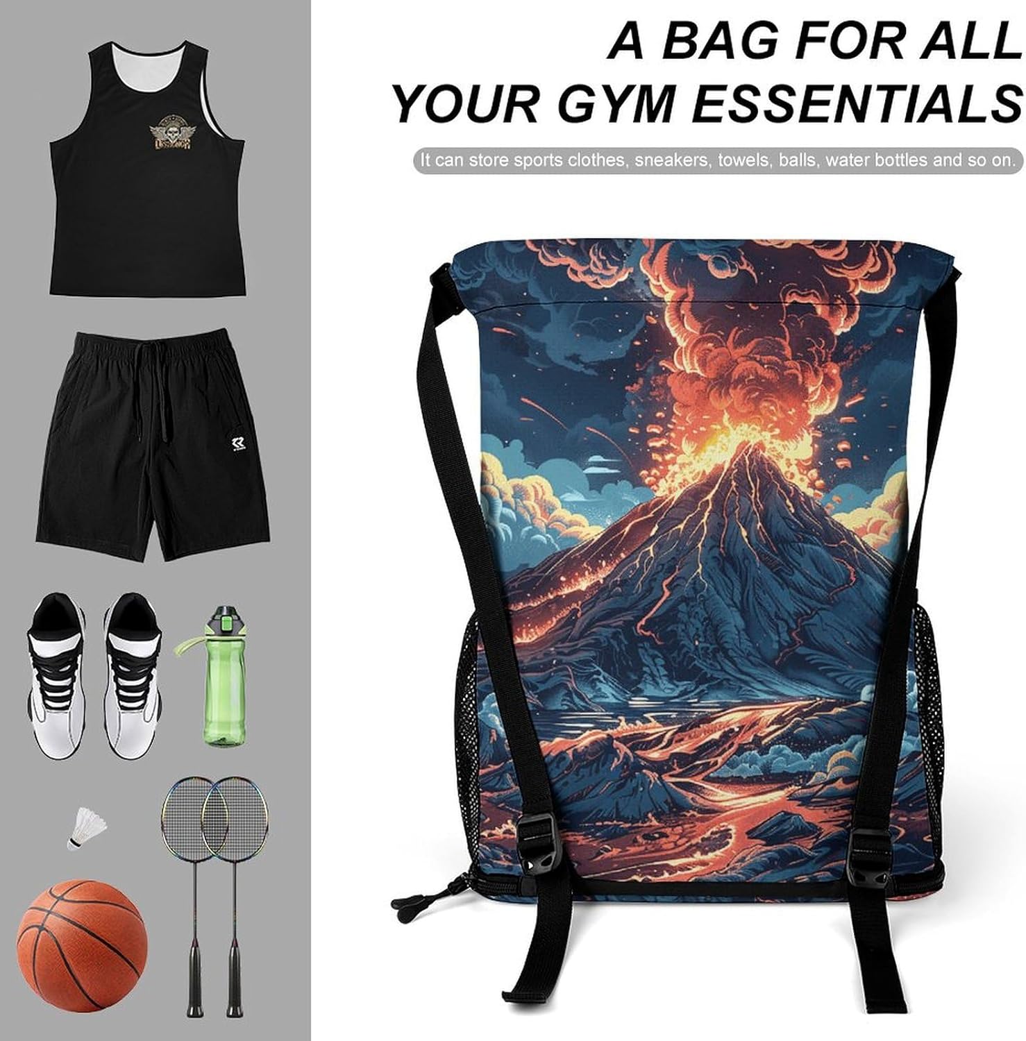Small Gym Bag Depicts A Volcano Printed Drawstring Gym Bag for Men Lightweight Waterproof Drawstring Backpack for Women with Shoe Compartment for Travel Tourism Work And Fitness