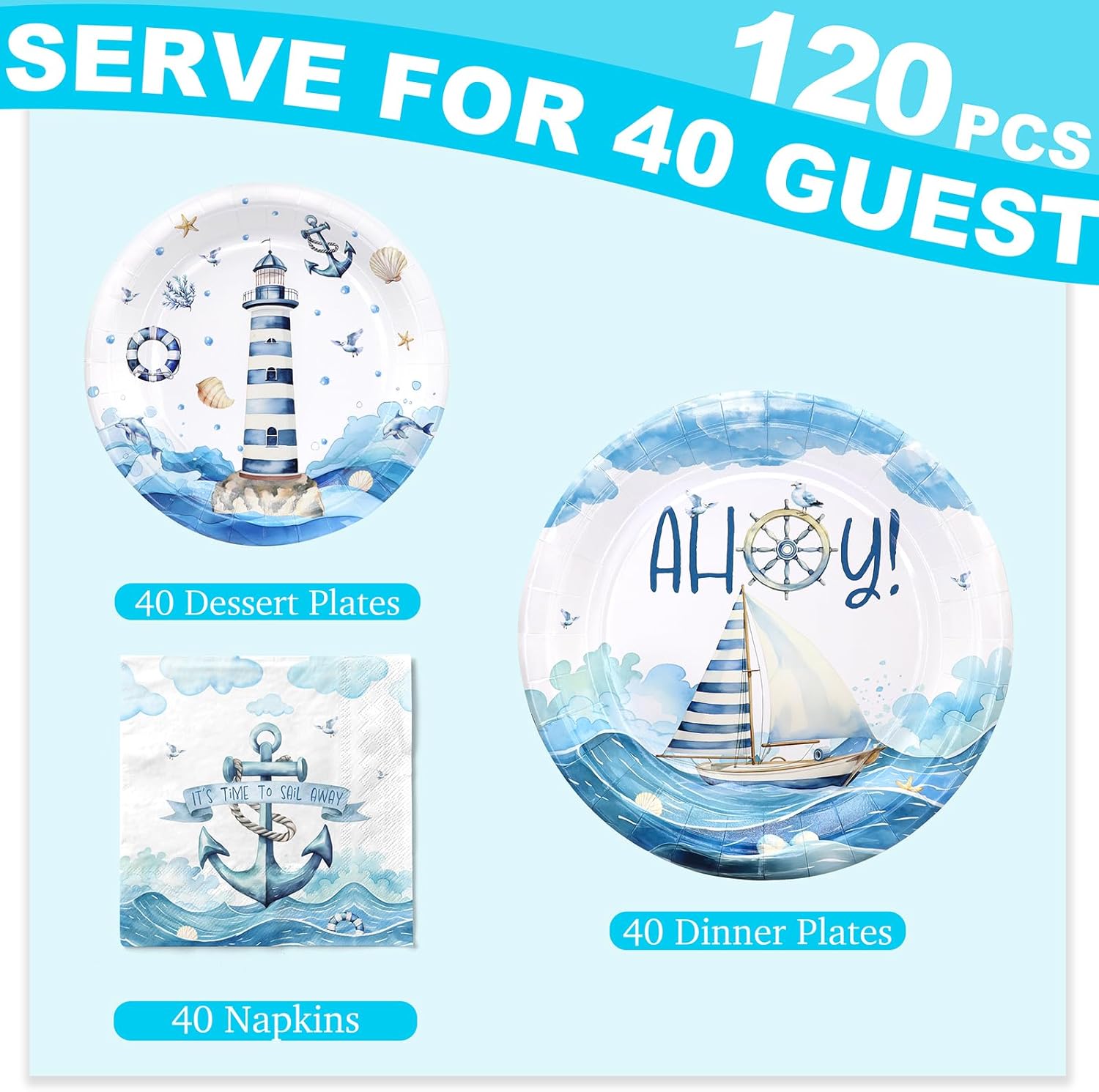 Nautical Party Plates and Napkins for 40 Guests – Sailboat and Lighthouse Theme Baby Shower and Birthday Supplies, Ahoy Ocean Tableware for Kids and Adults