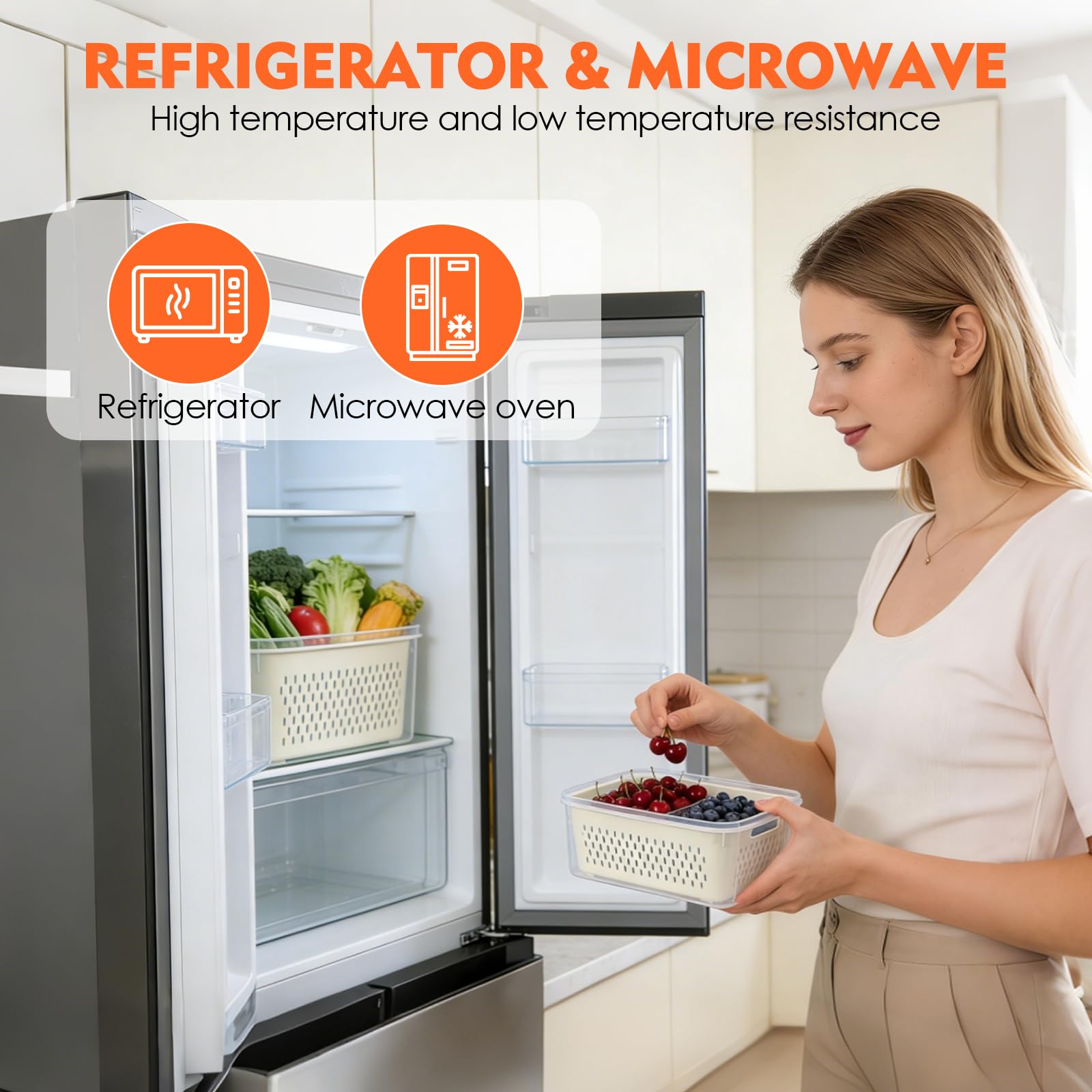 Contenitori Frutta e Verdura 6 Pezzi,Contenitori Ermetici con Coperchio e Scolapasta,Organizer Frigorifero Impilabile Senza BPA, Scatole Alimentari con Manico e Scomparti,Ideale per Frigo e Meal Prep