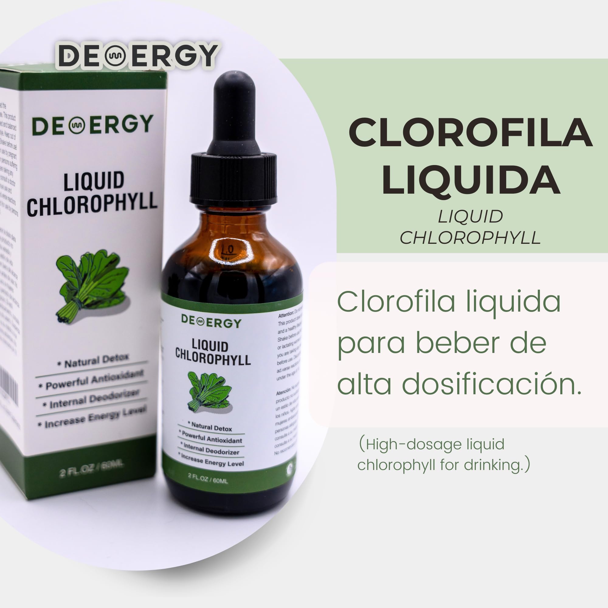 Chlorophylle liquide 60 ml Haute concentration sans alcool végétalien et 100 % naturel sans gluten