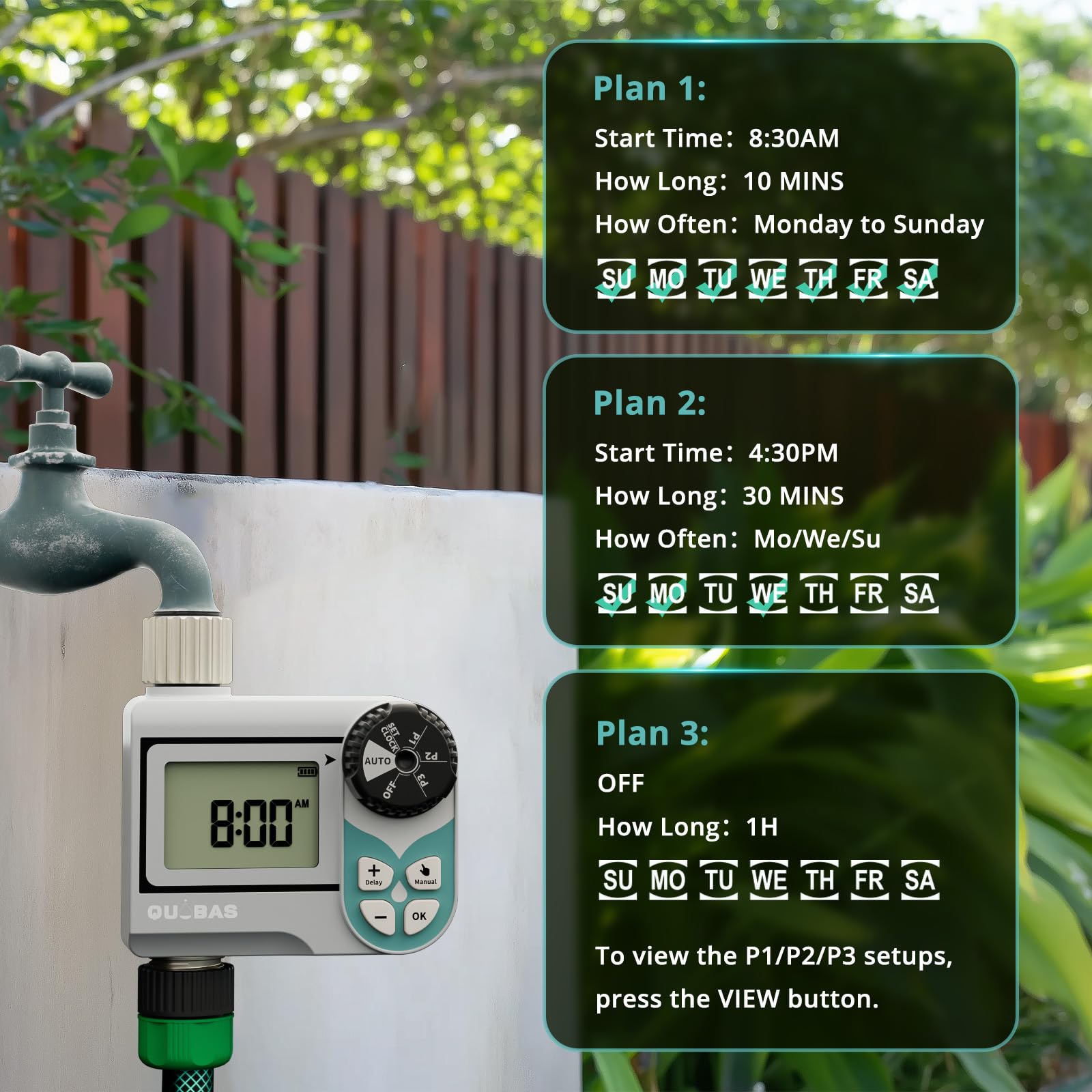 QUOBAS Temporizador de agua de baja presión, temporizador semanal programable con entrada y salida de latón para barril de lluvia, manguera de jardín, con válvula de bola y pantalla impermeable
