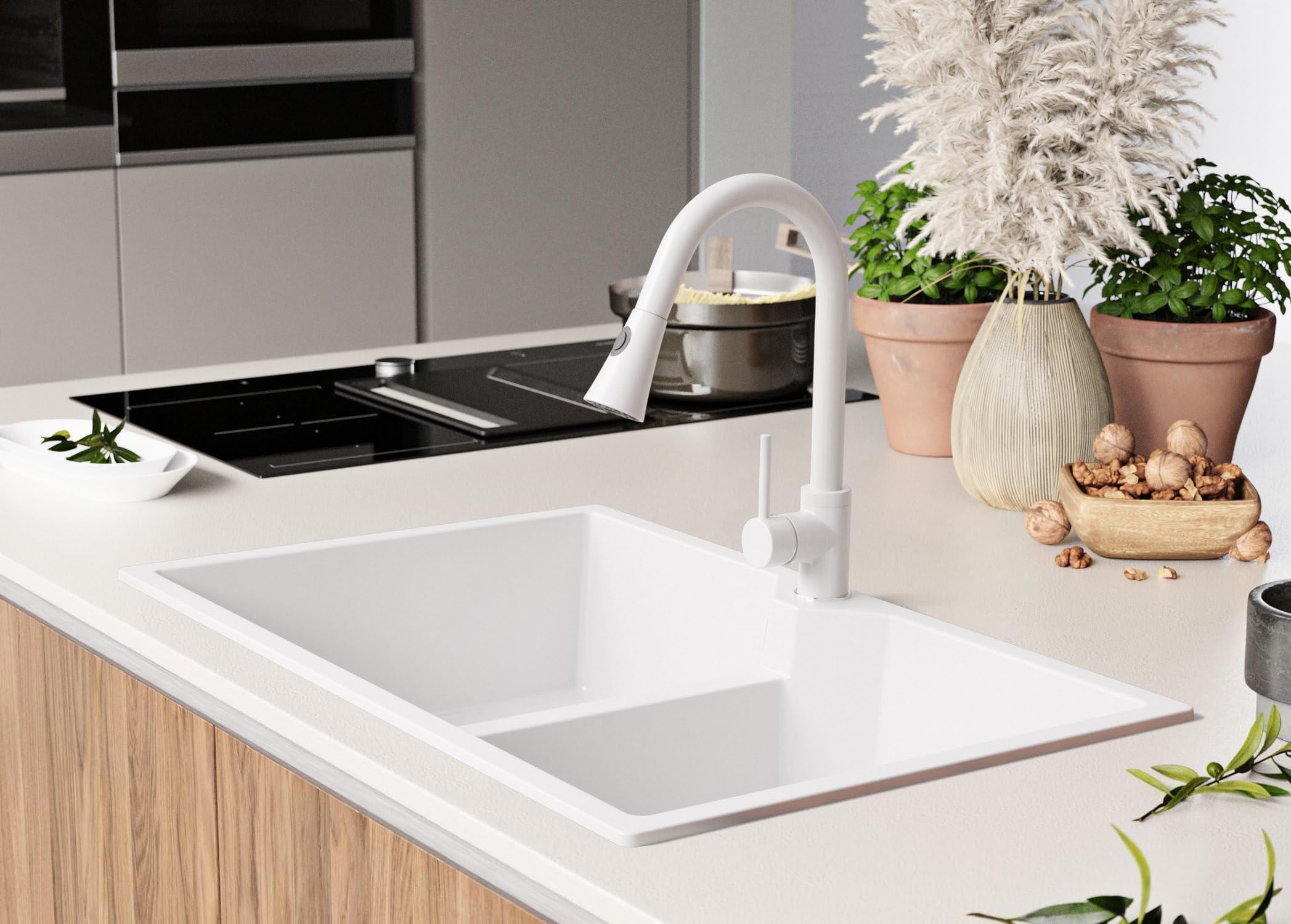 PRIMAGRAN Fregadero Granito Todo Blanco 78x50cm, Cocina 2 Senos + Grifo 40x20cm + Sifón, Sobre Encimera al Mueble 80cm - Madrid Twin S018