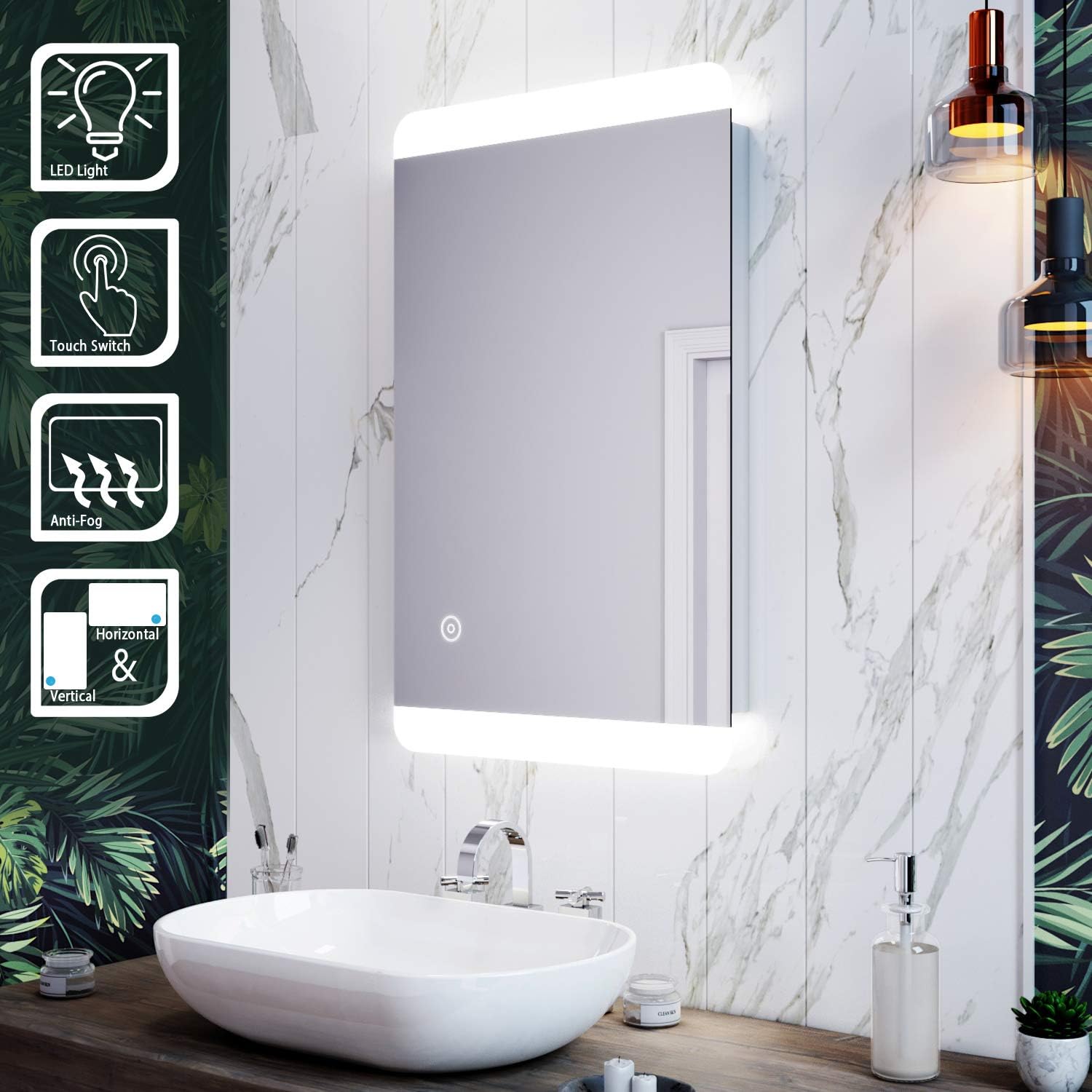 ELEGANT 800 x 500 mm Backlit Illuminated Bathroom Mirror with Lights，Horizontal/Vertical Bathroom Vanity Wall-Mounted Mirrors with Demister Pad, Energy-Saving LED Smart Mirror