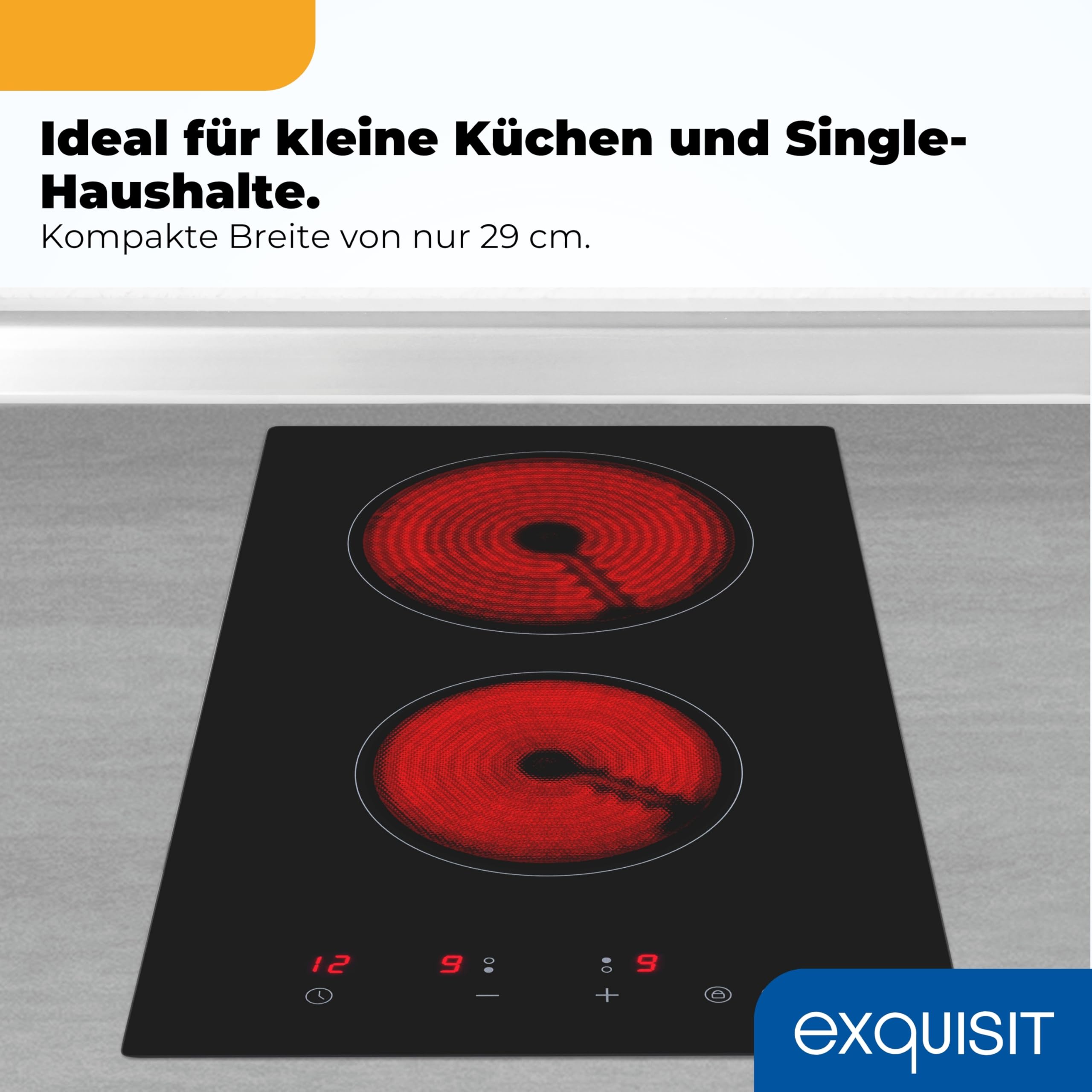 Exquisit Glaskeramik-Kochfeld 2 Zonen Einbau - Touch, Timer, 3000 W | Rahmenlos, flächenbündig, 29 x 52 cm – mit Restwärmeanzeige, Kindersicherung & Überhitzungsschutz