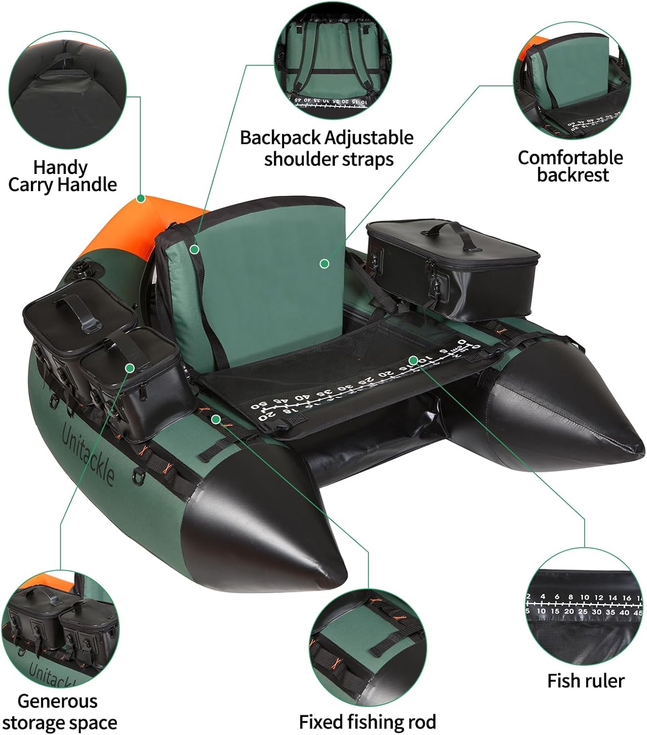 Inflatable Fishing Float Tube, Belly Boat Fishing with Detachable Side Bags, Hand Pump, Fish Ruler, Paddle, Fins, Rod Holder and Mount, Inflatable Float Tube for 330lb Load Capacity