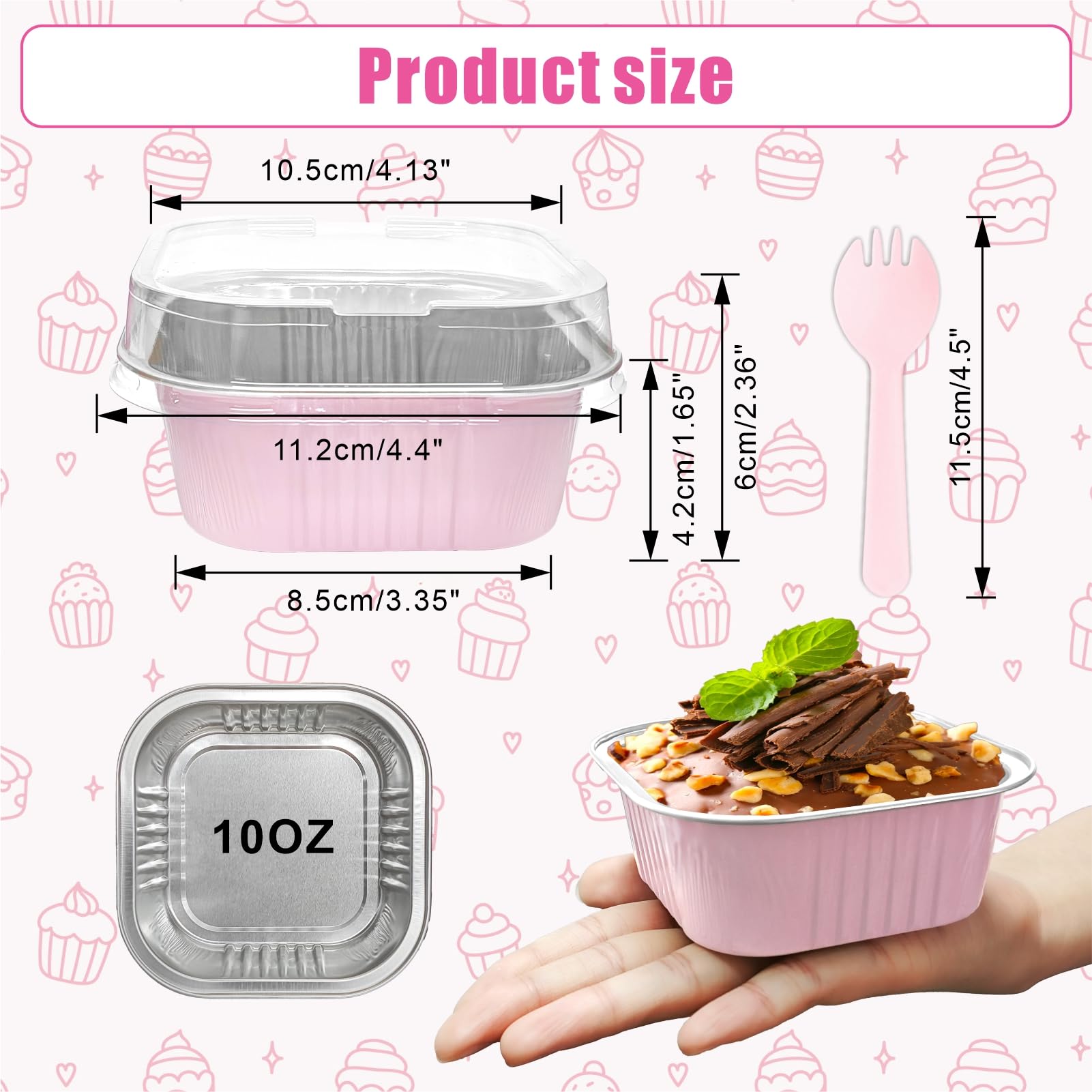 50 Pack 10 oz Mini Cake Pans With Lids,Aluminum Foil Square Baking Cups Disposable Cupcake Cups Baking Tins for Kitchen Brownie Pudding Desserts Muffin Ramekins Holders (Pink)