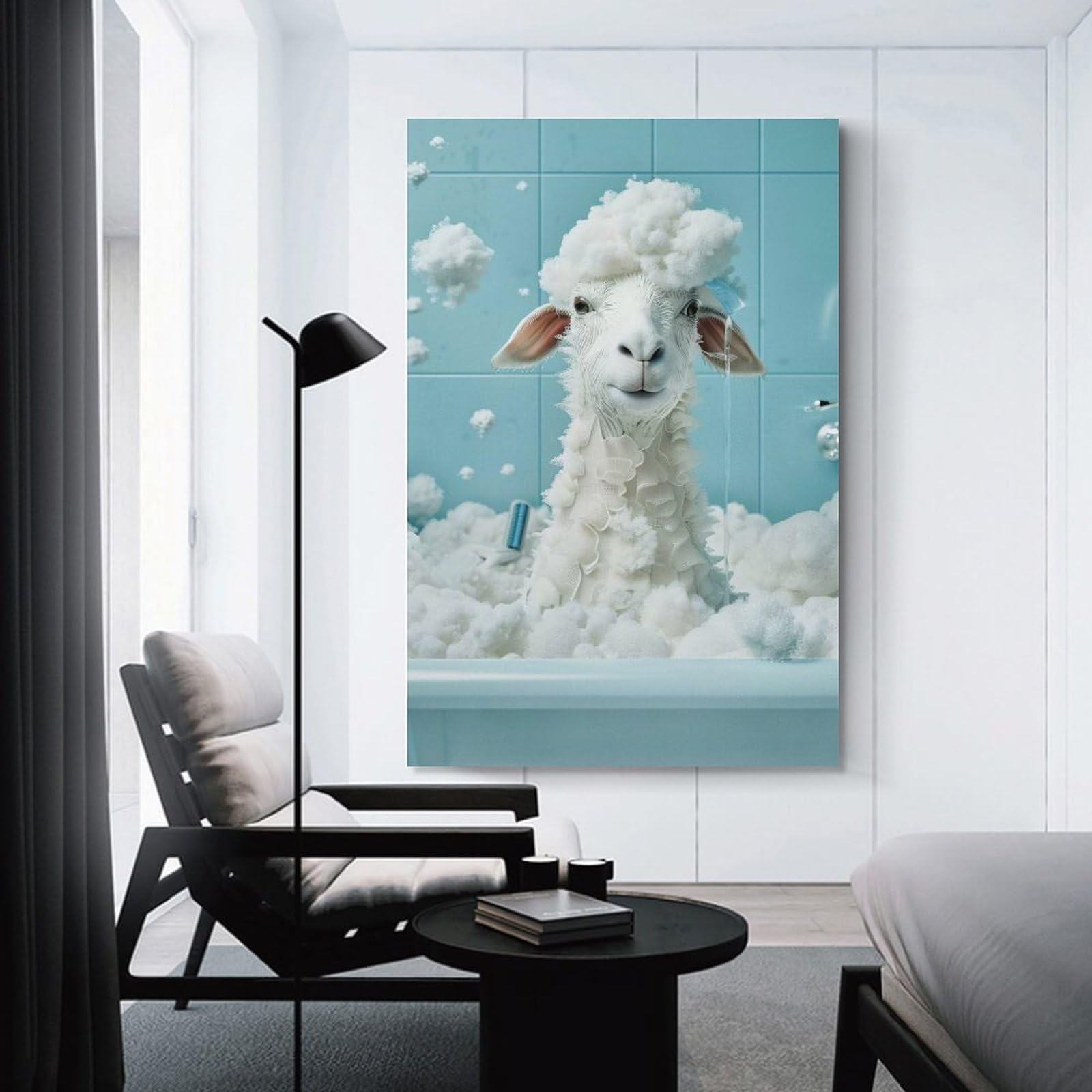 Junmoney Unframe-Style-7 Sheep In A Bubble Bath Home Decor Wall Art 24X36inch(60X90cm), For Home, Office, Studio Or Guest Room, Canvas Wall Art That Fits Changing Layouts