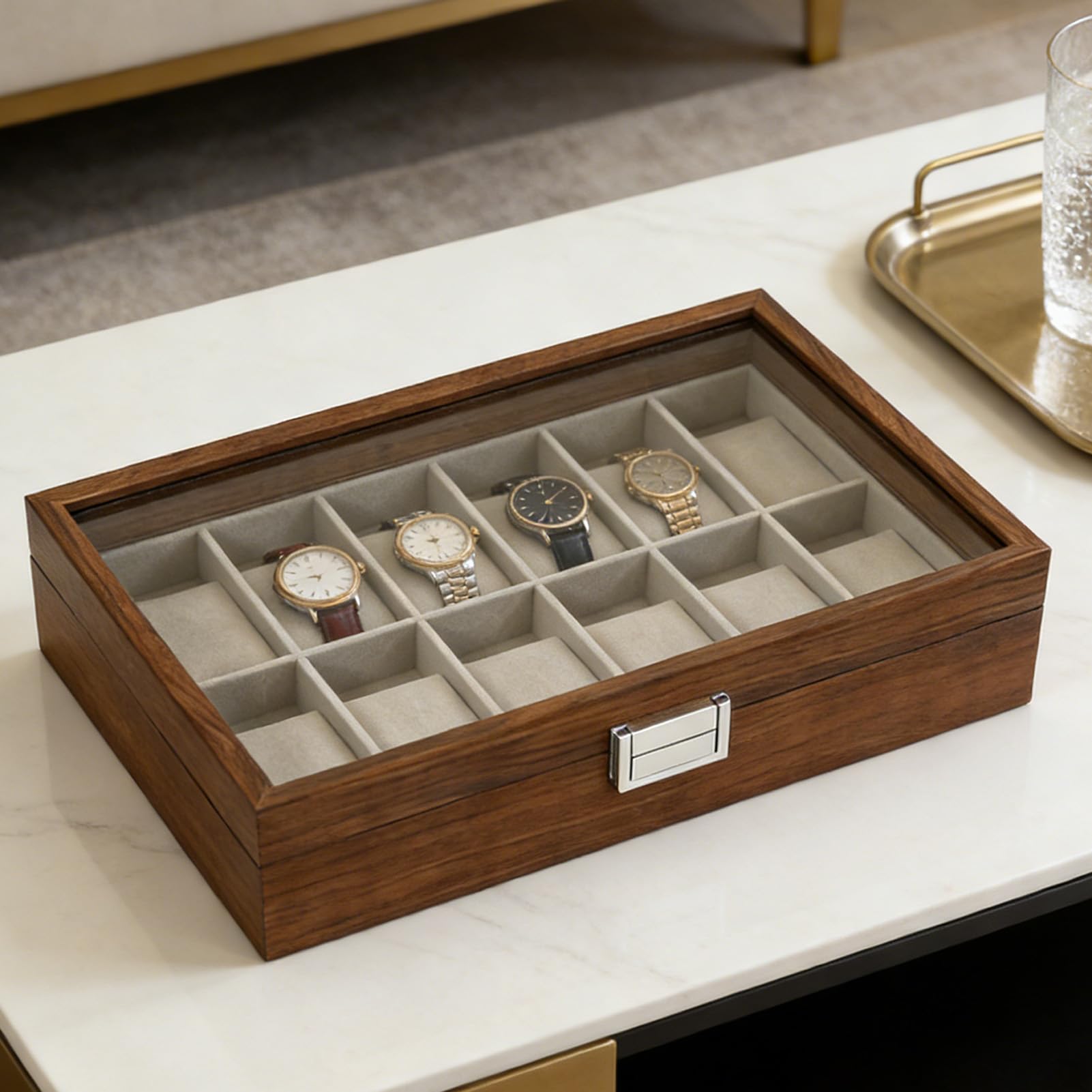 Scatola per Orologi con Grana di Noce a 12 Scomparti, Vetrina per Orologi con Coperchio in Vetro, Organizer Porta a Prova di Polvere con Chiusura Robusta, Ideale per la Maggior Parte degli