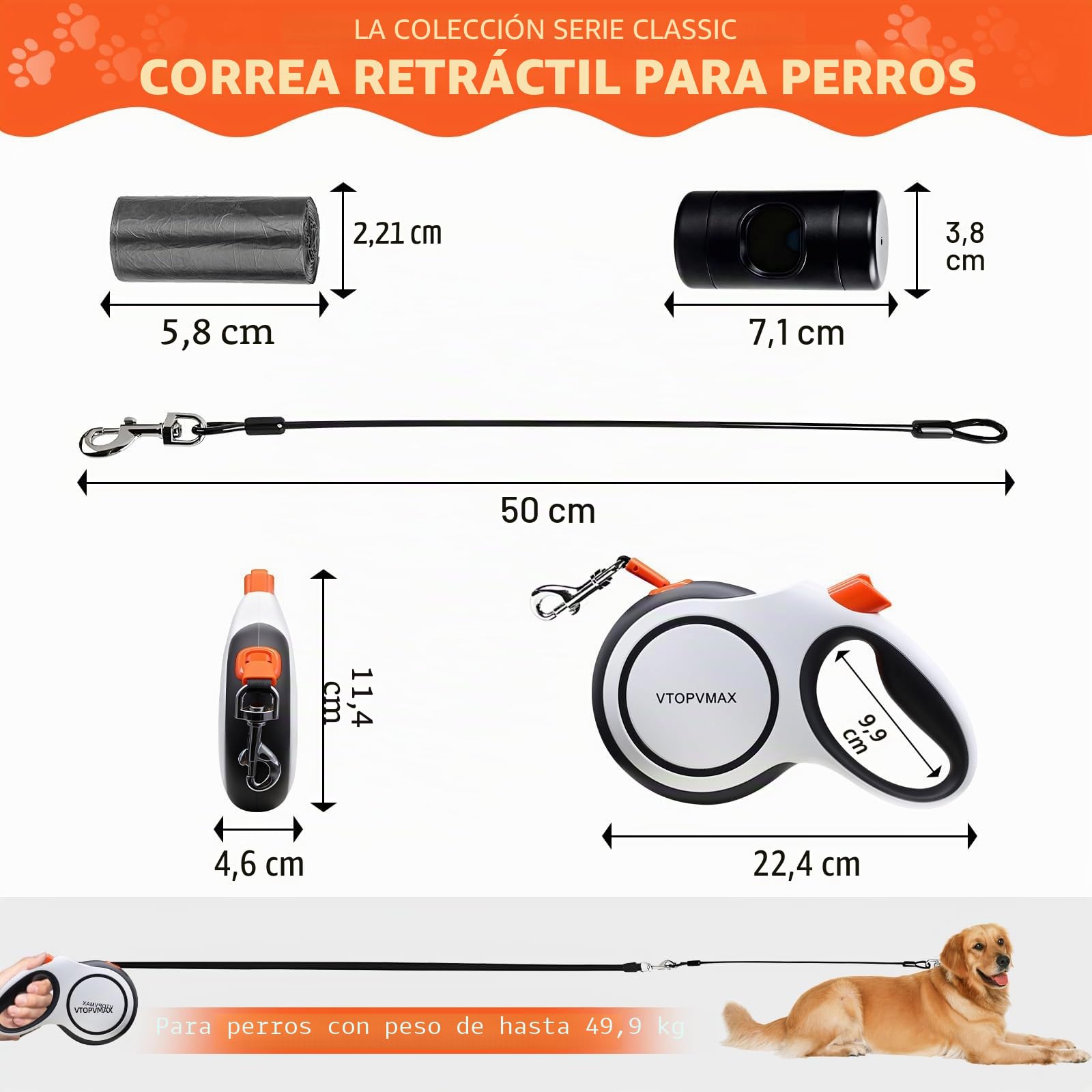 Correa Perro Extensible 8m - Correa Resistente para Perros Medianos/Grandes hasta 50kg, con Cable Anti-Mordidas, Dispensador De Bolsas para Heces Y Freno De Una Mano (Negro/Blanco)