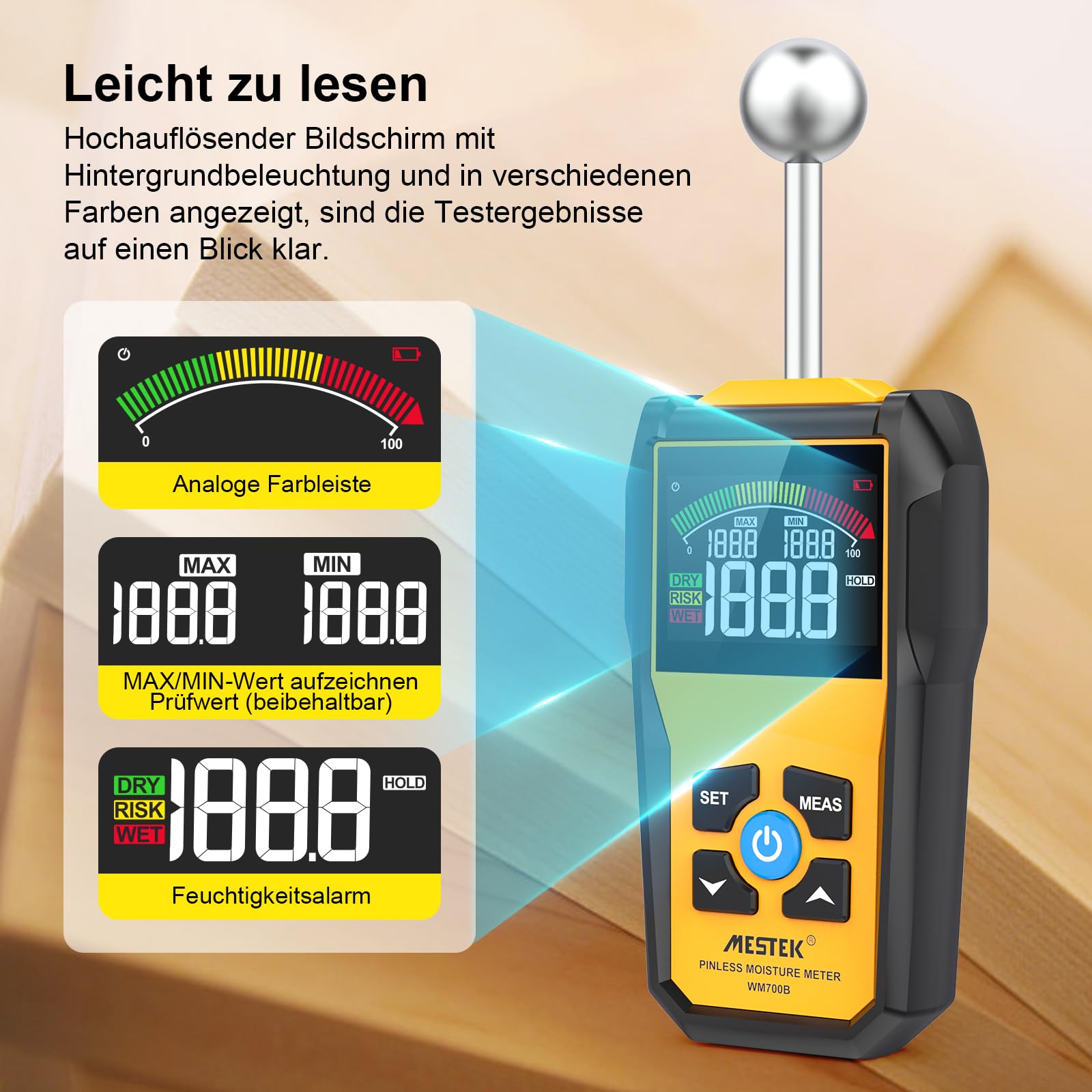 Feuchtigkeitsmessgerät MESTEK Feuchtigkeitsmesser Feuchtemessgerät Profi mit Farb-LCD Akustischem Alarm für Wand Holz Mauerwerk Putz Baustoffe Boden Baufeuchte Wohnung Wohnwagen 20-40mm Analysetiefe