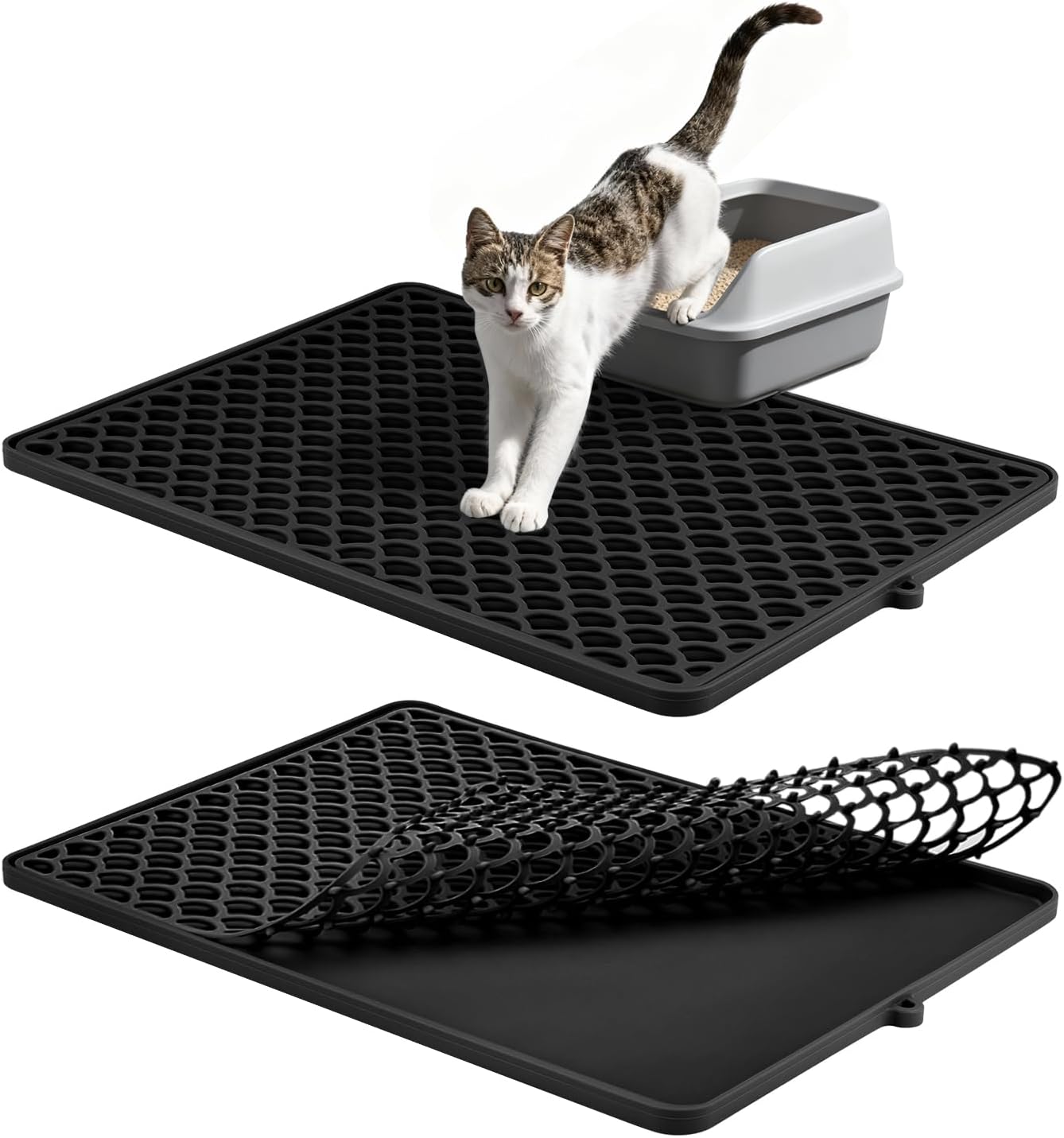 Premium Double-Layer Silicone Cat Litter Mat – Non-Slip, Waterproof & Easy-to-Clean Litter Trapping Mat for Cats, 18x12.5 Inch （Gray）