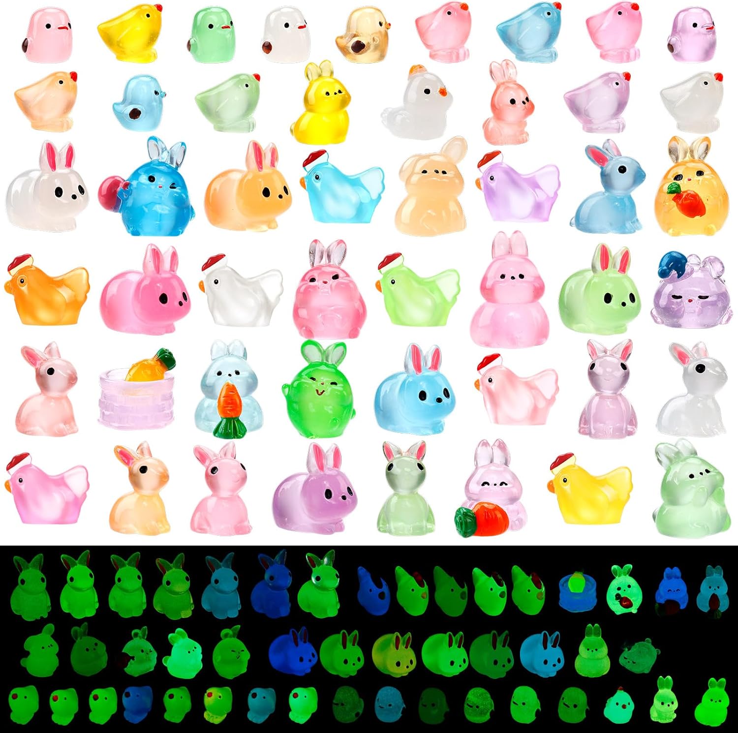 50 PCS Easter Luminous Mini Resin Figures, Tiny Small Bunny Chick Penguin Miniature Animals Glow in The Dark for Dollhouse, Garden, Micro Landscape, Eggs Fillers Decor, Easter Party Favors