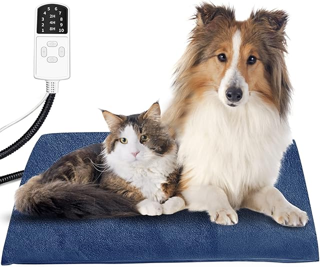 HONGXIAN Pet Heating Pad 45X70CM,4 Adjustable Timer & 9 Adjustable Temperature,Waterproof Safe Heated Pet mat for Dog Cat with Chew Resistant Cord,Soft Flannel Electric Blanket Blue