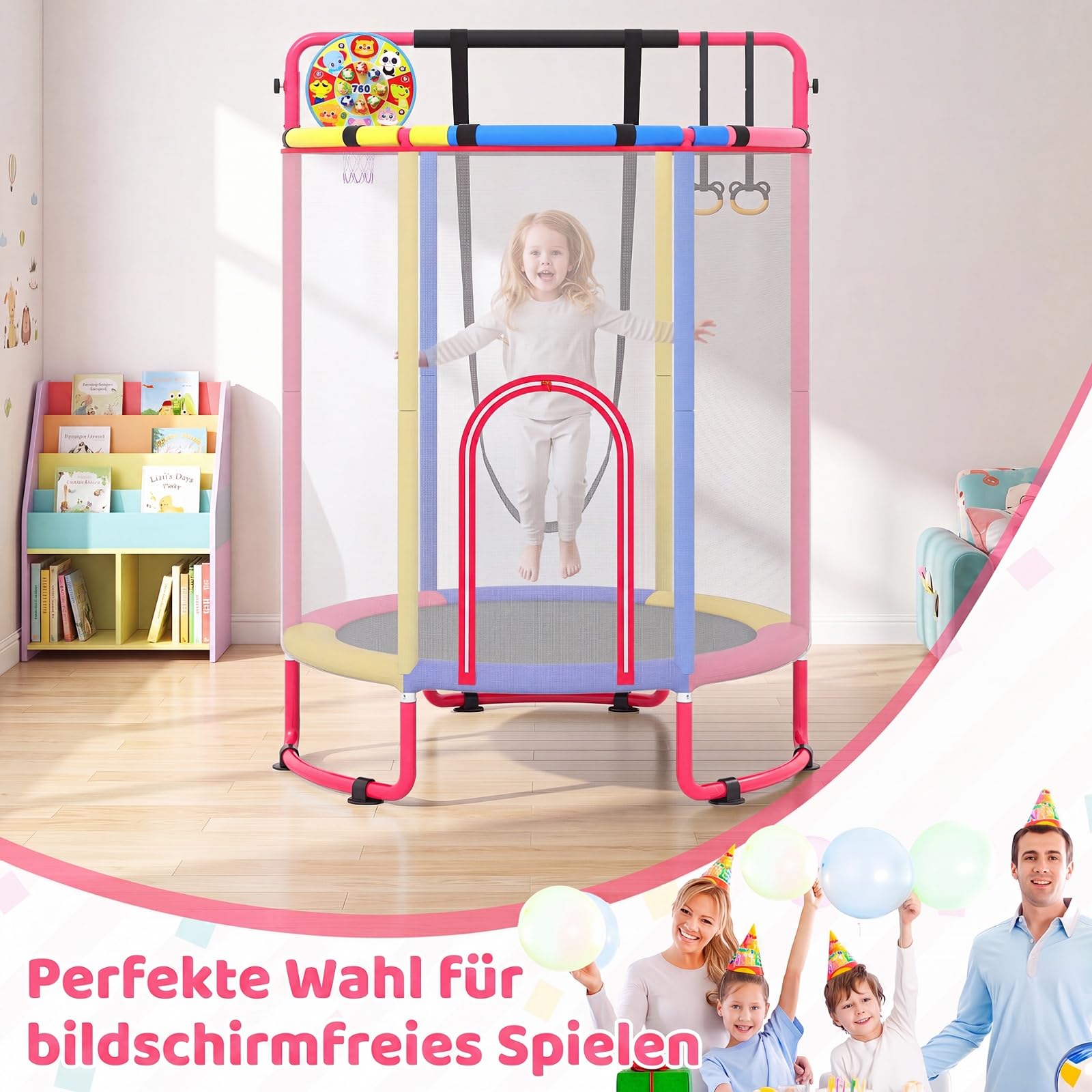 COSTWAY 6 in 1 Kindertrampolin mit Sicherheitsnetz | Trampolin Kinder mit Schaukel, Basketballkorb, Turnstange, Dartscheibe & Barren, Gartentrampolin für Indoor & Outdoor