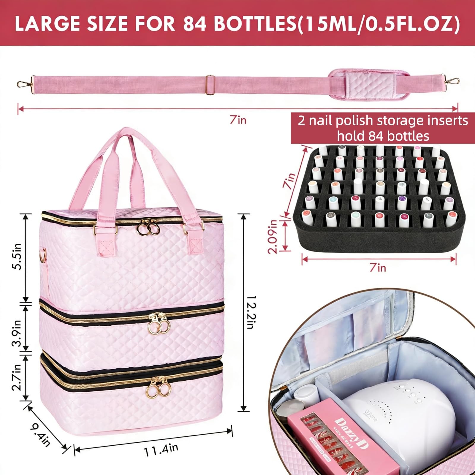 Nail Polish Organizer Bag, 3-Layer Nail Kit Storage Case with Shoulder Strap