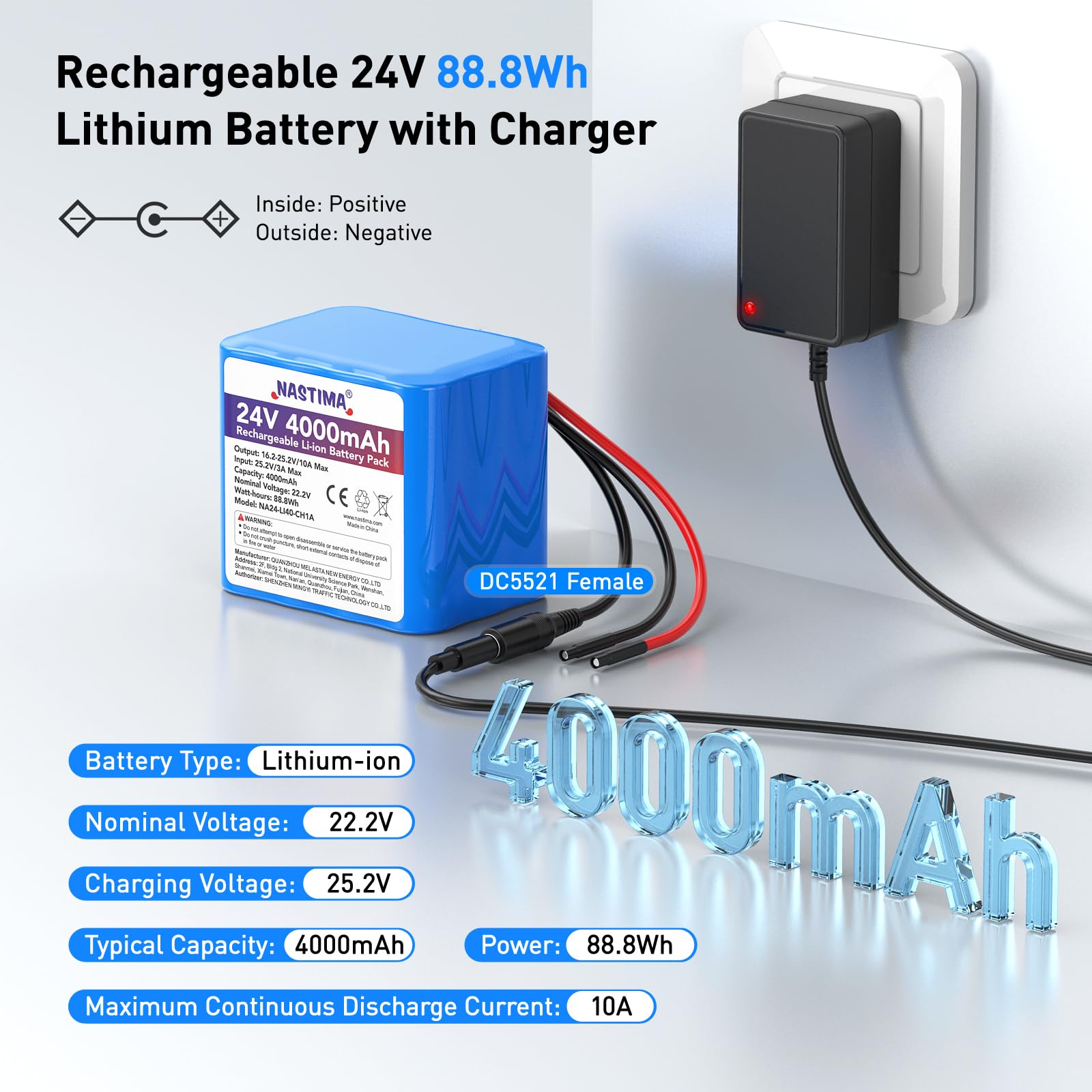 NASTIMA 4000mAh 88,8Wh 24V Wiederaufladbarer Lithium-Ionen-Akku, Geeignet für Bluetooth-Lautsprecher, RC-Cars, Solarstromanlagen, Heimwerkerprojekte usw. Inklusive Ladegerät und Steckverbinder