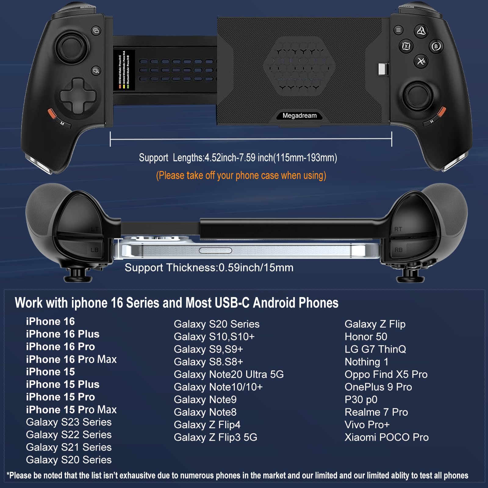 Megadream Mobiler Gaming Controller für iPhone 16/15 & Android USB-C mit 3,5-mm-Audiobuchse, Wireless Handy Controller für PS5/PS4/Xbox/PC, Hall-Effekt-Joysticks/Trigger, Cloud-Gaming - Schwarz