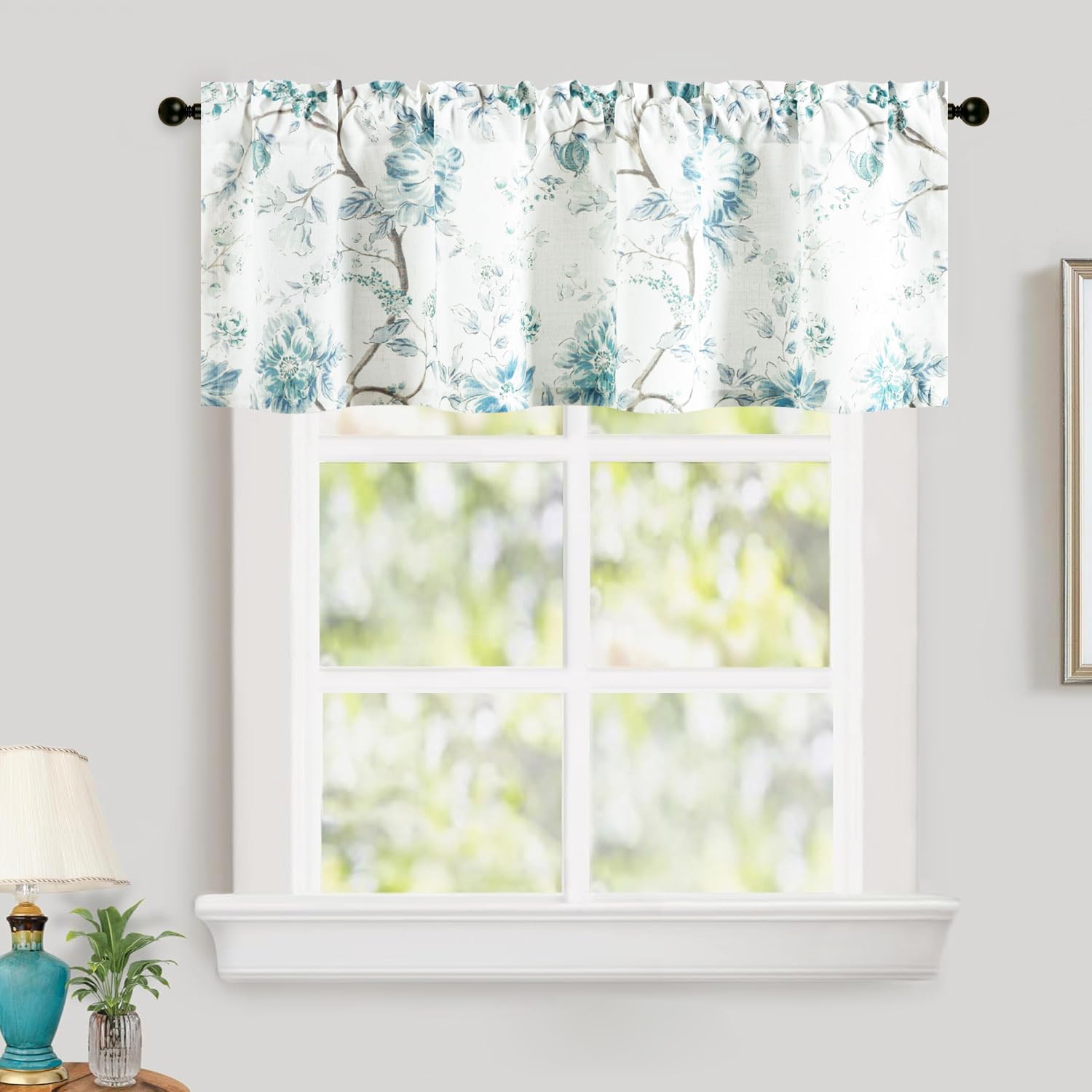 Leeva Decorative Window Valances, Light Filtering Linen Look Washable Valance Curtains for Living Room, Rod Pocket Blue Flower Curtain Drapes for