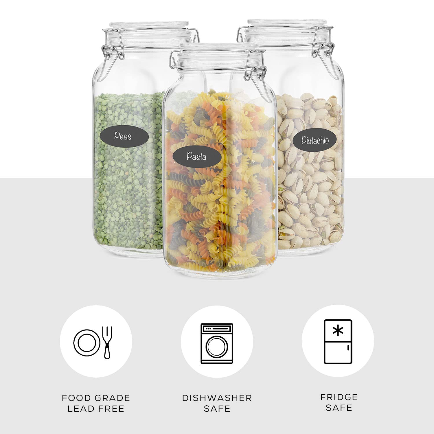 Juego de 3 tarros de vidrio herméticos con tapas. Tarro de vidrio de 88 onzas con tapa y 6 sellos de silicona. Contenedores grandes de vidrio para almacenamiento de alimentos. Tarro cuadrado Mason,