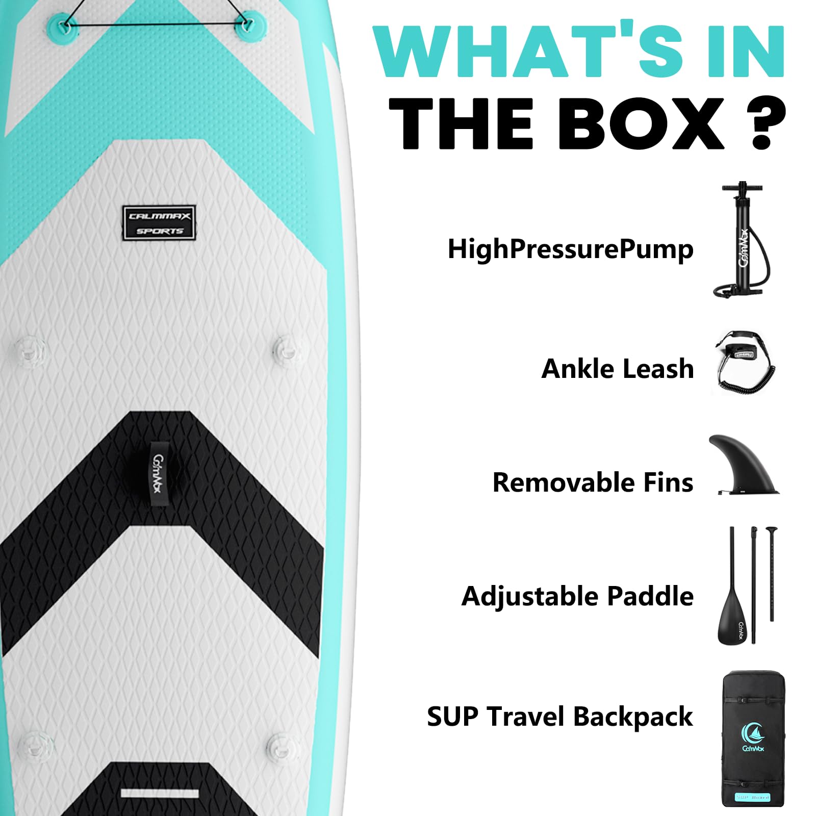 CalmMax Aufblasbares Stand Up Paddle Board 320x76x15cm 10.6' bis 150kg Tragbar mit Paddel, Pumpe und Komplettes Zubehör SUP Board Set für Jugen und Erwachsene