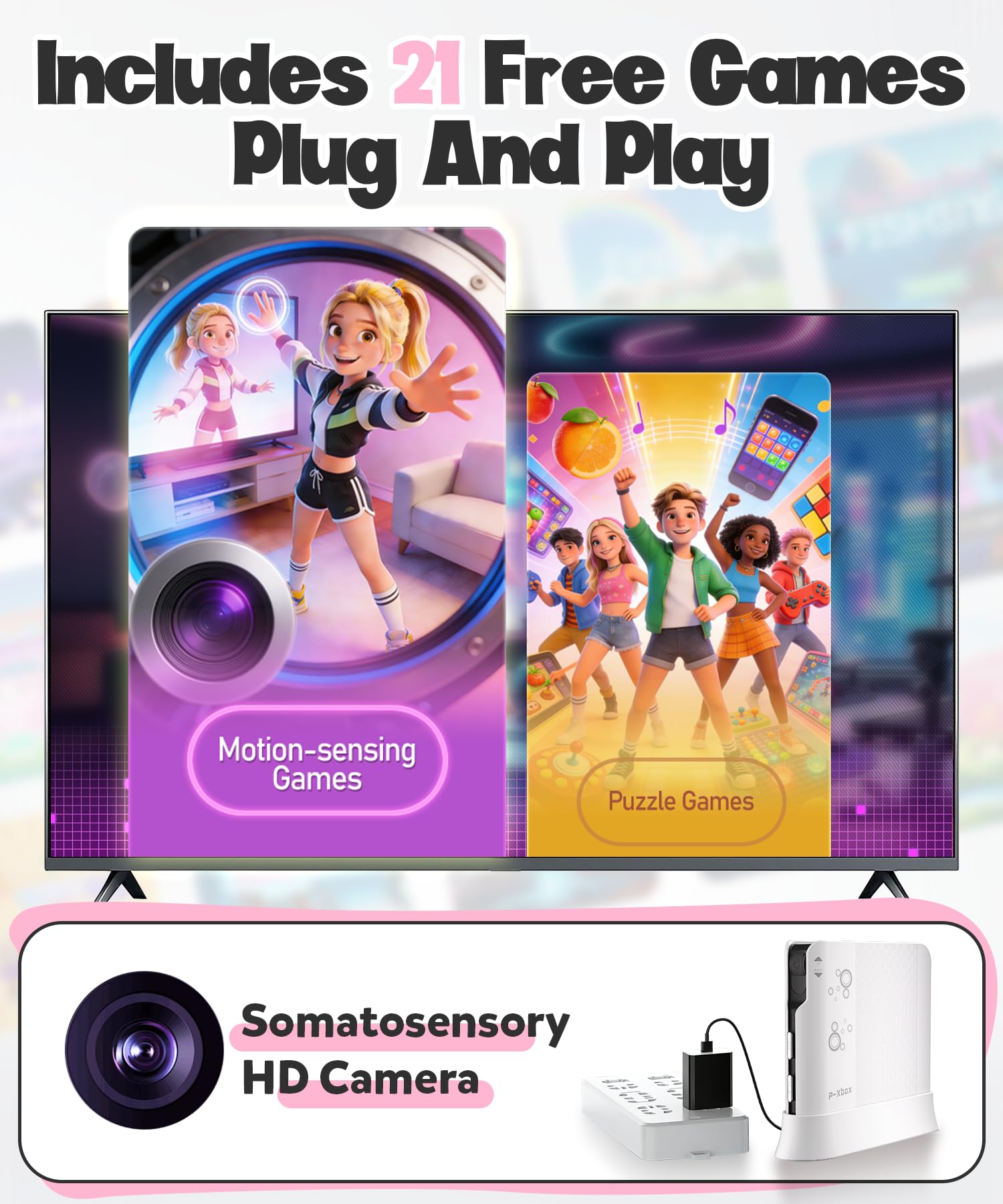Console di Gioco con Rilevamento del Movimento per Bambini, Sistema di Gioco Plug & Play per TV, Ideale per Attività Fisica in Casa, Serate in Famiglia, Feste e Momenti di Gioco