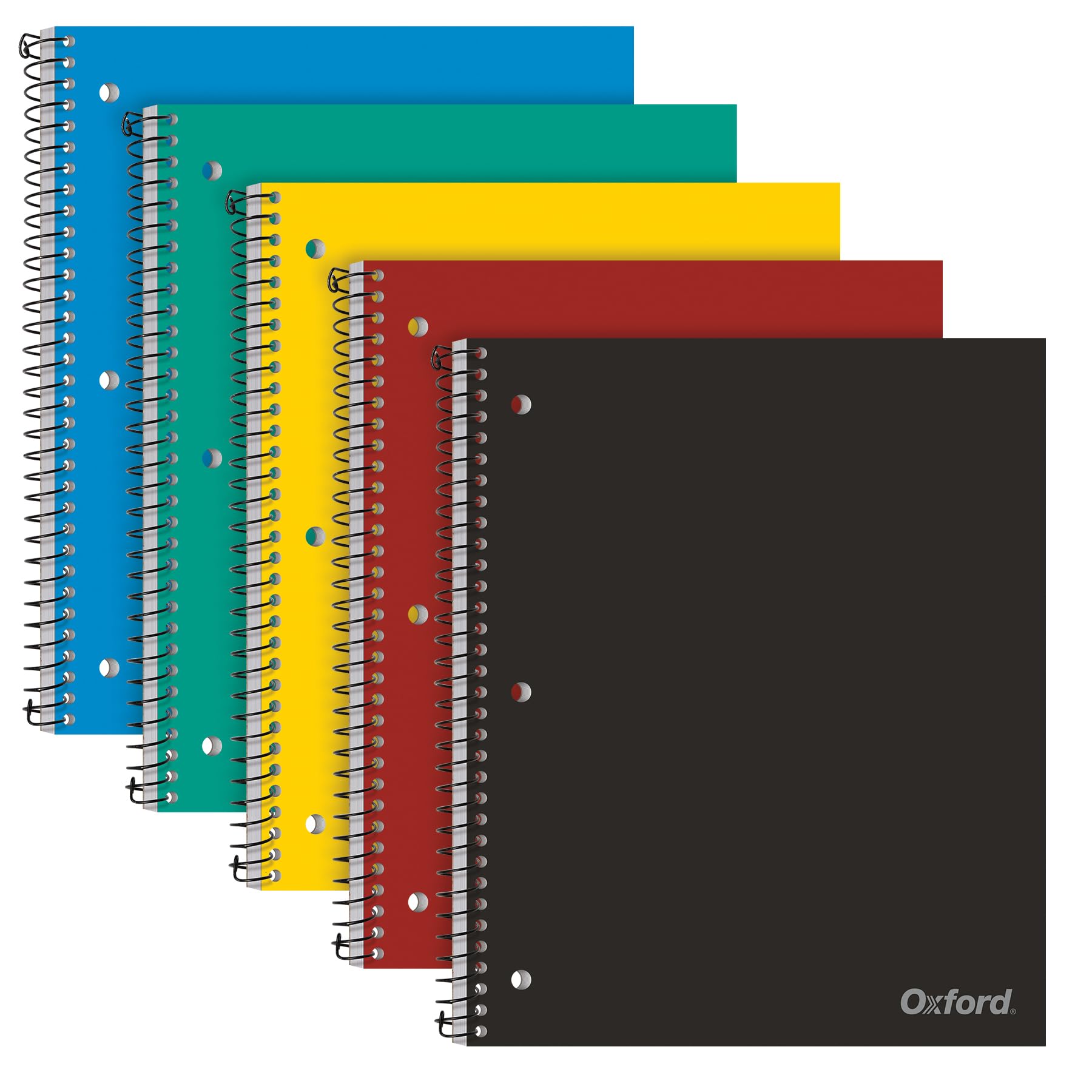 Oxford 1 Subject Spiral Notebook, Notebook for School, Plastic Covers, Back to School Supplies, College Ruled, 100 Sheets, 5 Pack, Assorted Primary Colors: Black, Blue, Red, Green and Yellow (1009289)