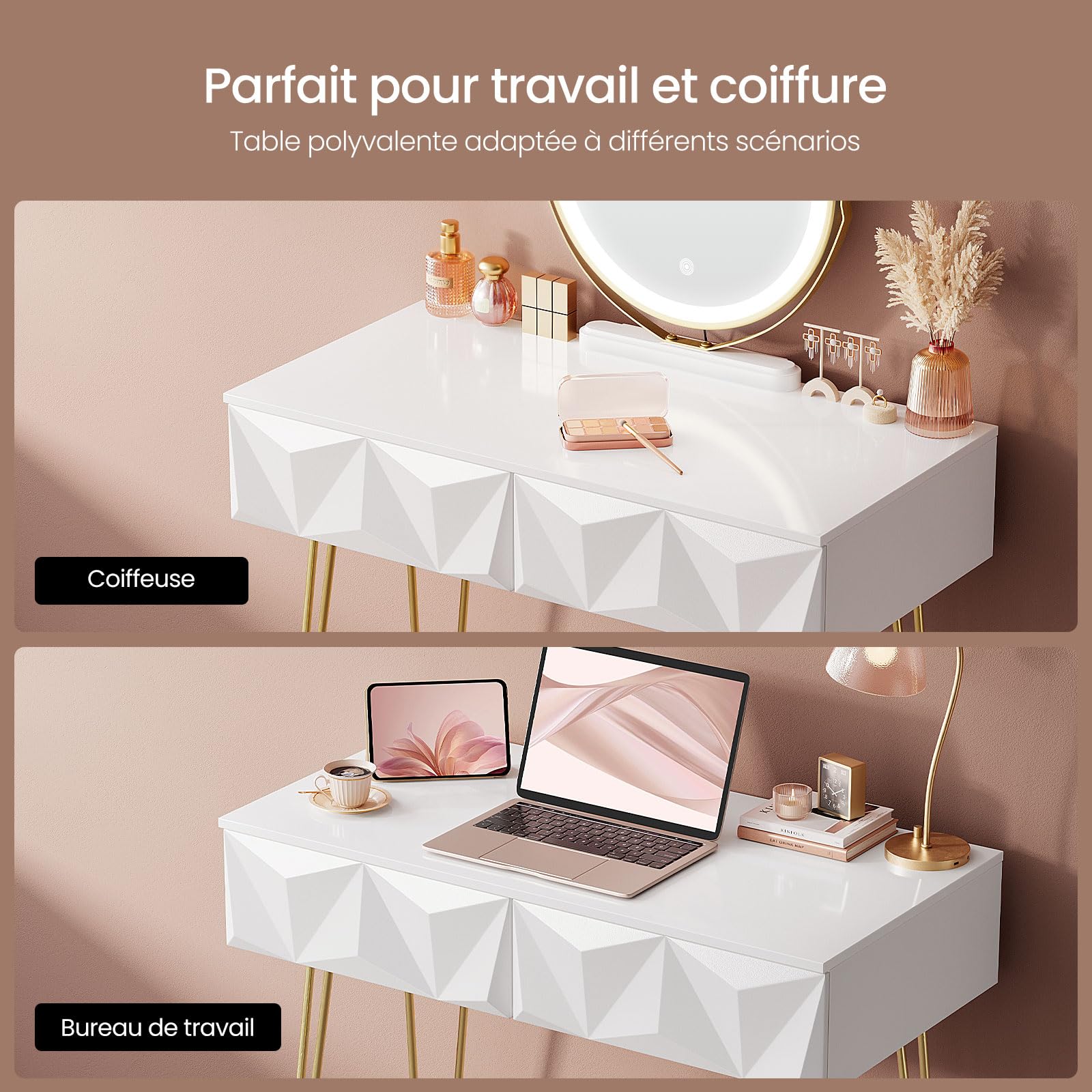 EUGAD Coiffeuse avec Miroir LED Réglable à 3 Niveaux, Table de Maquillage avec Chaise en Velours, avec 2 Tiroirs à Effet 3D en Bois Massif, Moderne, Blanc+Doré, 0056SZT