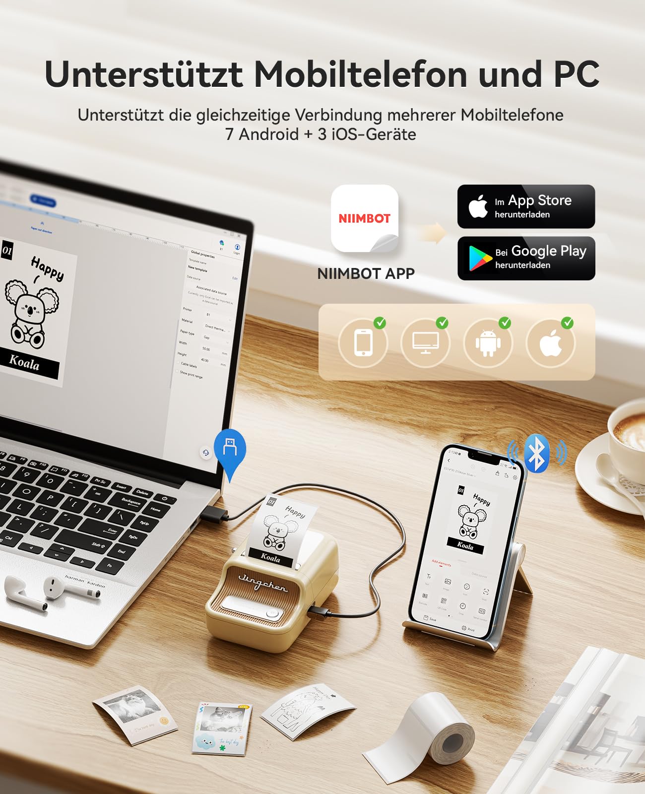 NIIMBOT B21Pro Etikettendrucker, 300dpi Selbstklebendes Etikettiergerät Bluetooth Beschriftungsgerät Label Printer Fotodrucker für Lernen, Studiennotizen, Bilderdruck, Scrapbooking, Weiß