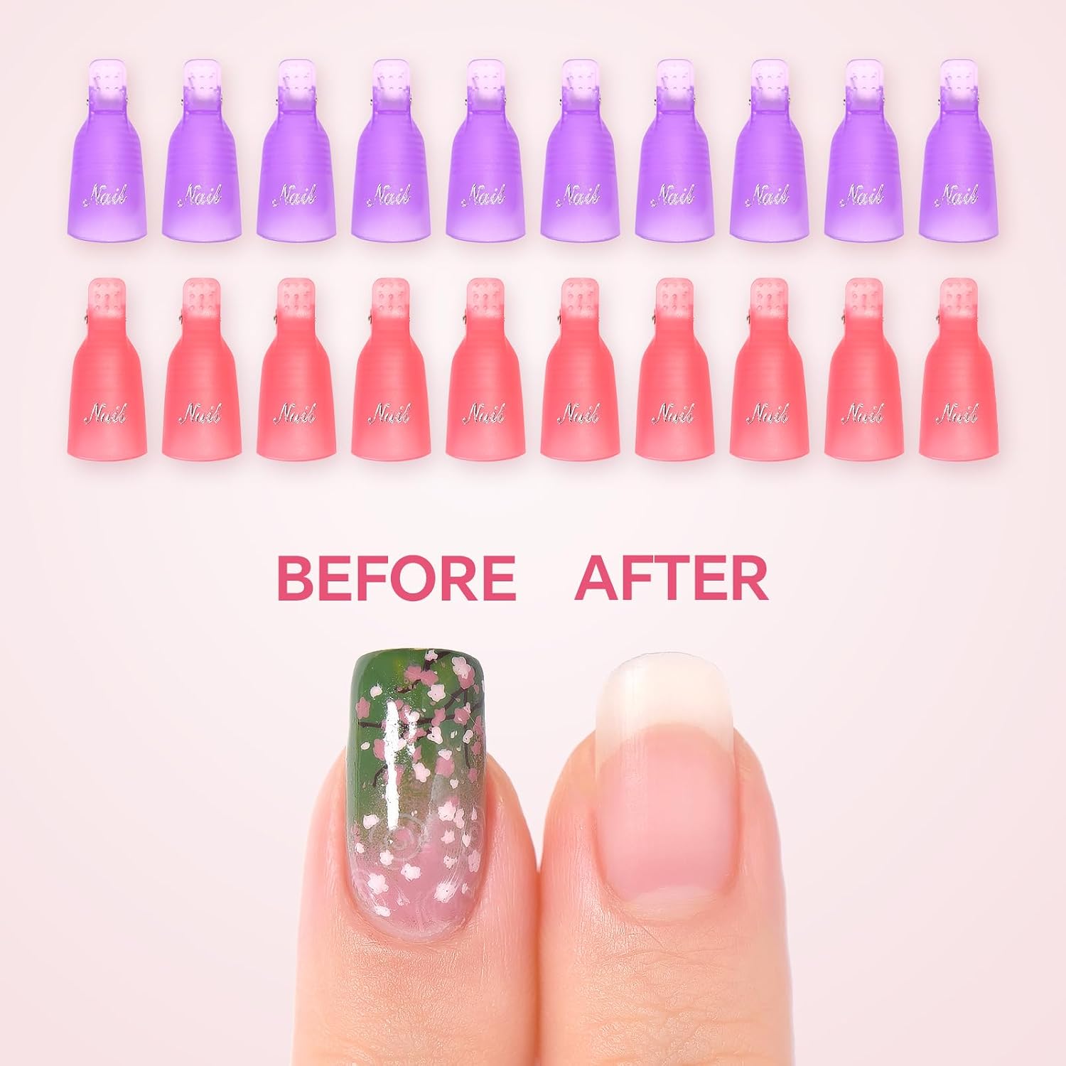 20Pcs Nail UV Gel Polish Remover Clips Kit Reusable Plastic Nail Art Soak Off Cap Clip Nail Polish Remover Clips for Fingernail, Purple & Pink