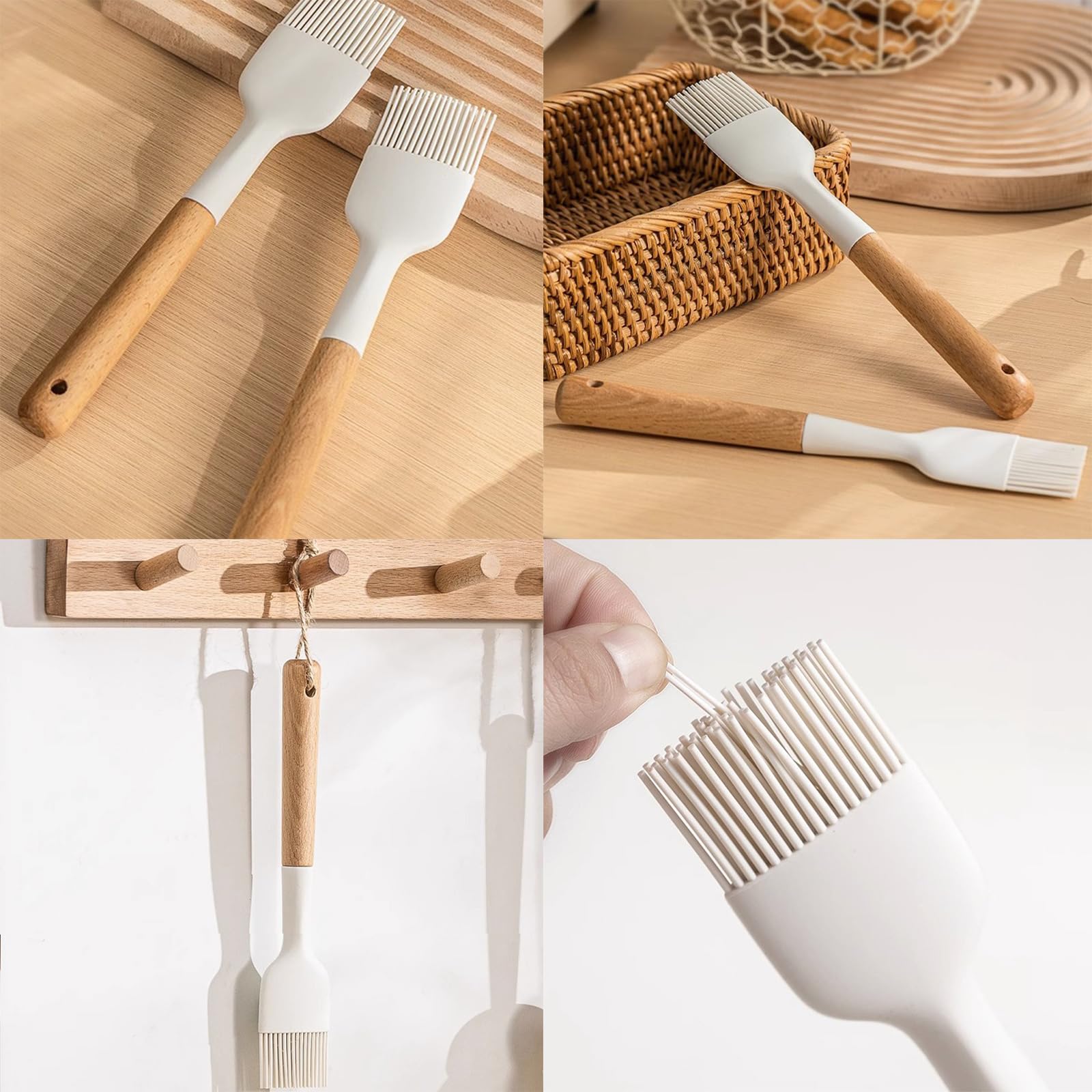 hobbyme 2Pcs Silicone Oil Brush with Wooden Handle,Durable Basting Brush Pastry Brush,Easy to Clean,White Food Brushes for Cooking Baking Grilling