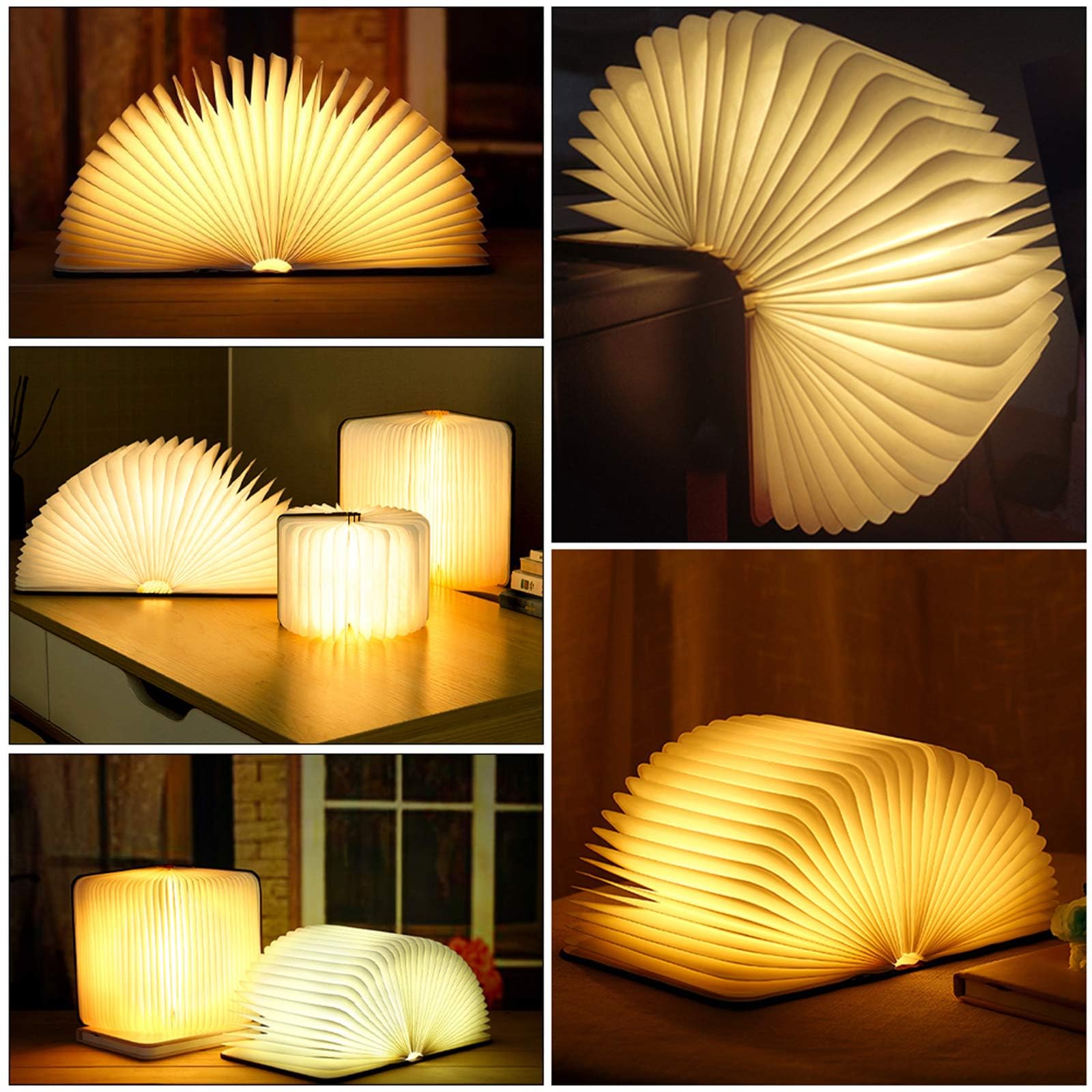 Libro Lámpara LED, Luces Plegables de Madera 360°, USB Lámpara Portatil de Libro Recargable 2000 capacity, para Luz de Lectura, Lámpara de Mesita de Noche, Regalo Cumpleaños y Navidad, Blanco Cálido