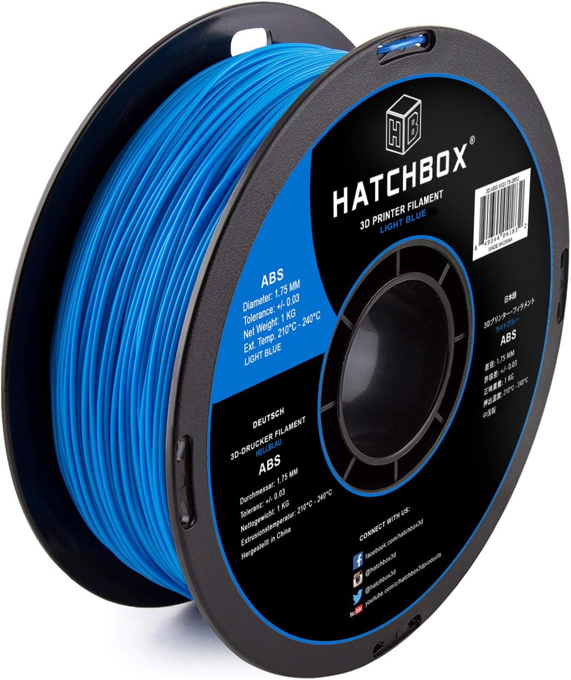 HATCHBOX ABS 3D Printer Filament, Dimensional Accuracy +/- 0.03 mm, 1 kg Spool, 1.75 mm, Light Blue