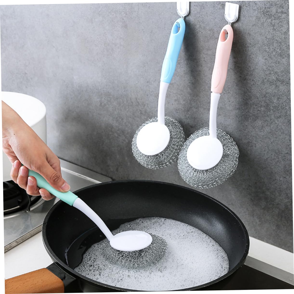 Ipetboom 3Pcs Stainless Steel Sponges with Long Handle Metal Scouring Pads for Heavy Duty Cleaning for Grills Oven Pans and Bottles Easy to Rinse and Store