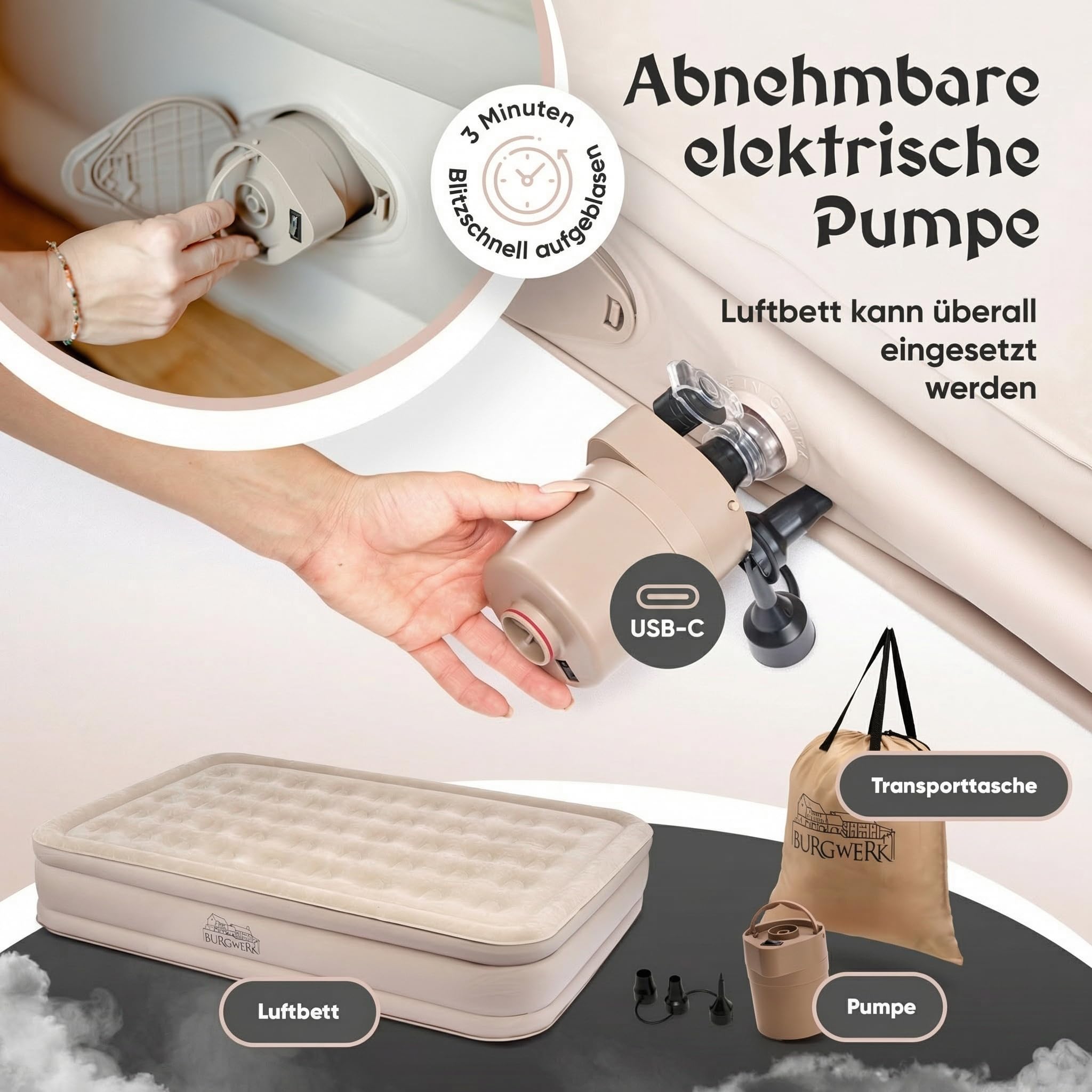 Burgwerk Luftbett für 2 Personen | Edles Gästebett & Campingbett | Aufblasbare Matratze mit Elektropumpe 150x200 | Selbstaufblasende Luftmatratze
