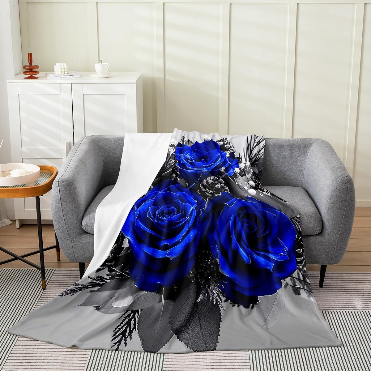 Blue Rose Flannel Fleece Blanket 40"X50", Romantic Valentine's Day Blanket, Botanical Plants Floral Fuzzy Blanket, Garden Farmhouse Style Sherpa Blanket, Blue Flowers Bed Blanket Bedroom Decor