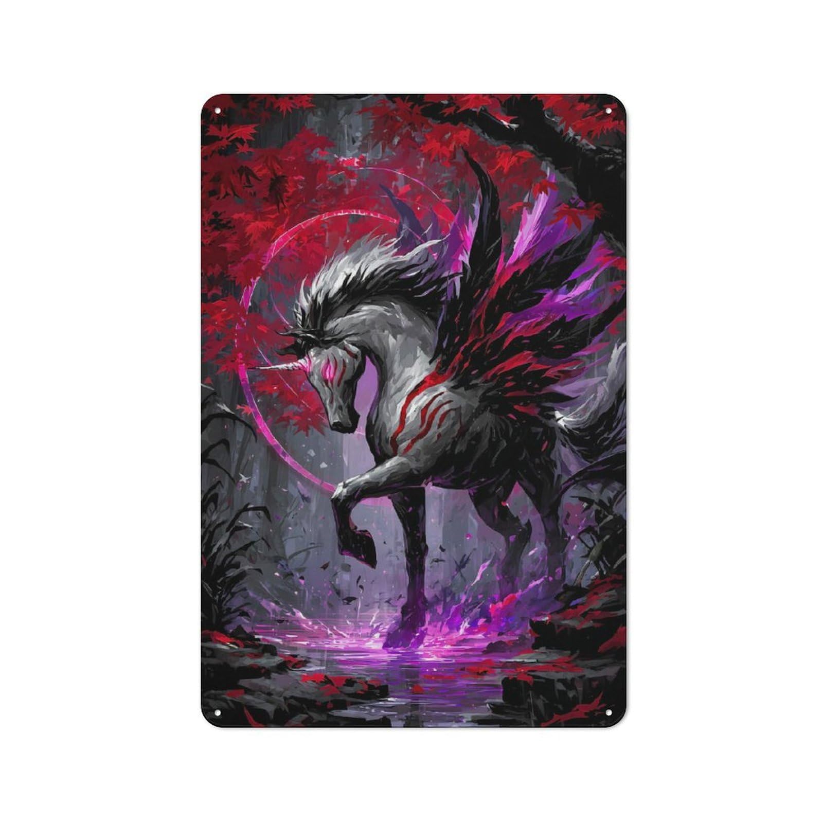 Junmoney Dark Winged Unicorn In Forest Decorative Metal Sign 30X20cm, Understated Studio Wall Plaque For Hobby Room, Office, Lounge Or Living Room