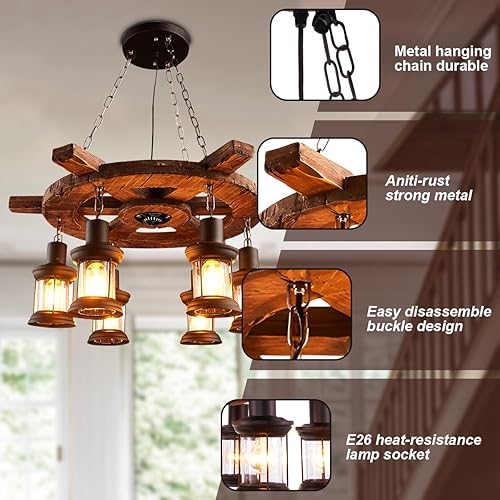 Miniatura 6 de Lámpara colgante de madera industrial de 6 luces, candelabro colgante antiguo de madera con rueda de barco, pantalla de vidrio de metal E26, lámpara