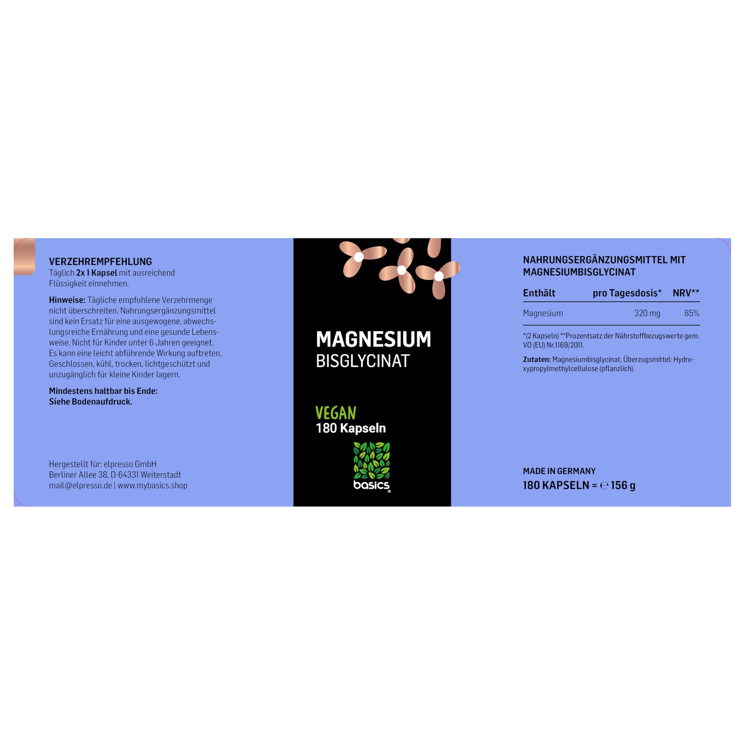 basics Magnesiumbisglycinat Kapseln - Magnesiumsalz von Glycin - 320 mg Magnesium pro Tagesdosis - 180 Stück - 3 Monate Vorrat - Vegan, Glutenfrei, Laktosefrei - 3er Pack, je 180 Stück für 3 Monate