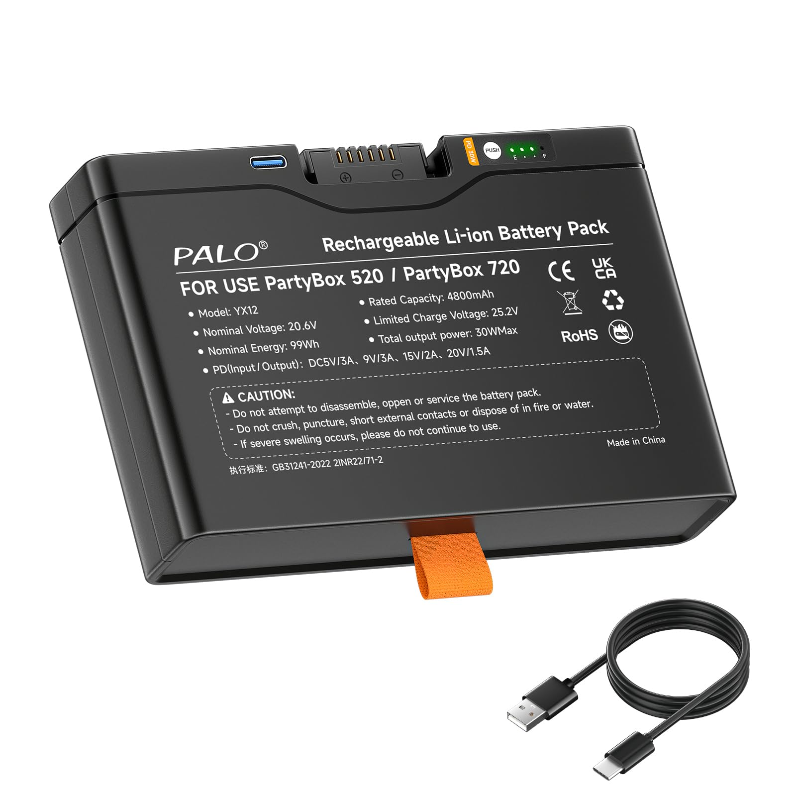 4800mAh Batteria 600 per -JBL Partybox Stage 520, Partybox Stage 720, Boombox 4 - PD 30W Batteria a carica rapida con uscita/ingresso USB (1Pcs)