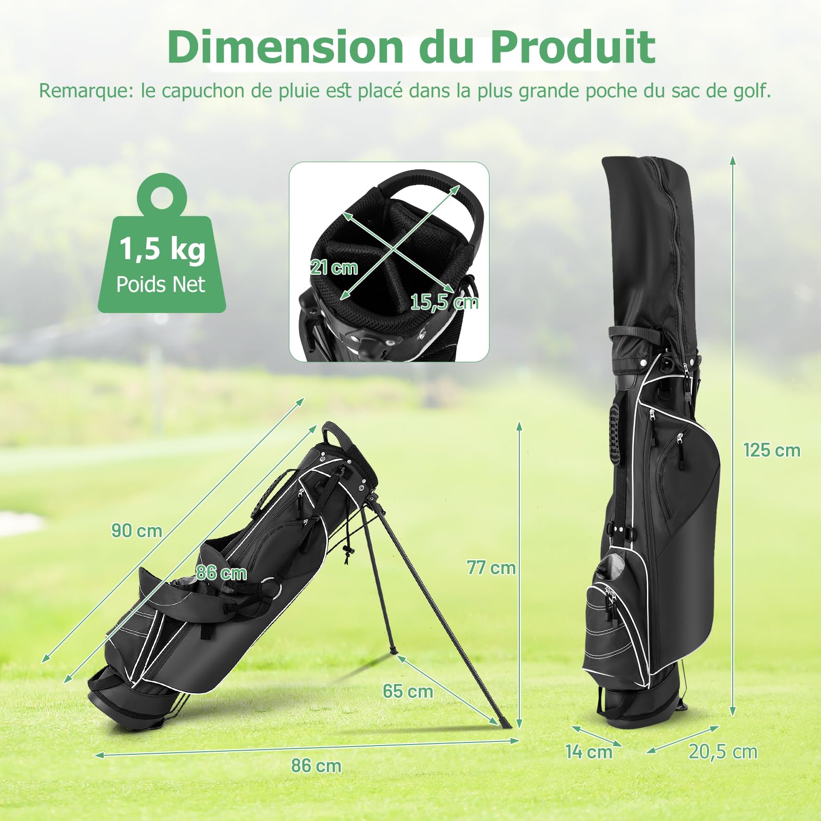 GYMAX Sac de Golf Trépied Léger, avec 4 Séparateurs pour Clubs, 4 Poches pour Tees, Boissons, Vêtements, Pieds Solide avec Patins Antidérapant, avec Capuche de Pluie