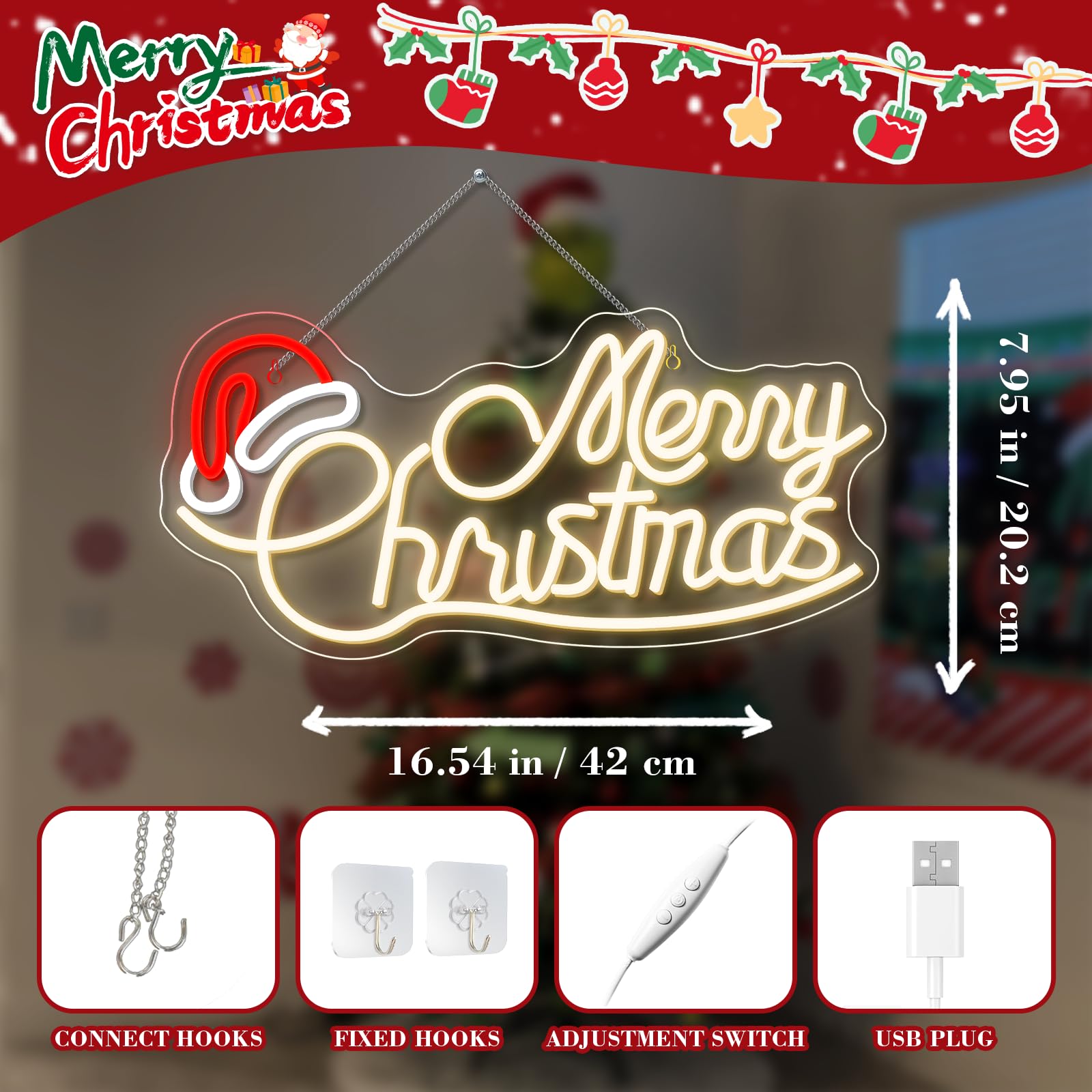 Merry Christmas Hat Neon Led, Lettre Lumineuse Joyeux Noël avec Interrupteur Dimmable, Neon Mural pour Décoration,Néon Led de Fête de Noël,Chambre,Nouvel An,Commerce