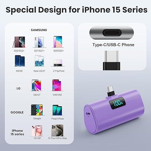 Miniatura 4 de Cargador portátil pequeño de 5200 mAh, banco de energía PD USB C actualizado para Android, mini paquete de batería enchufable, pantalla LCD, bonito