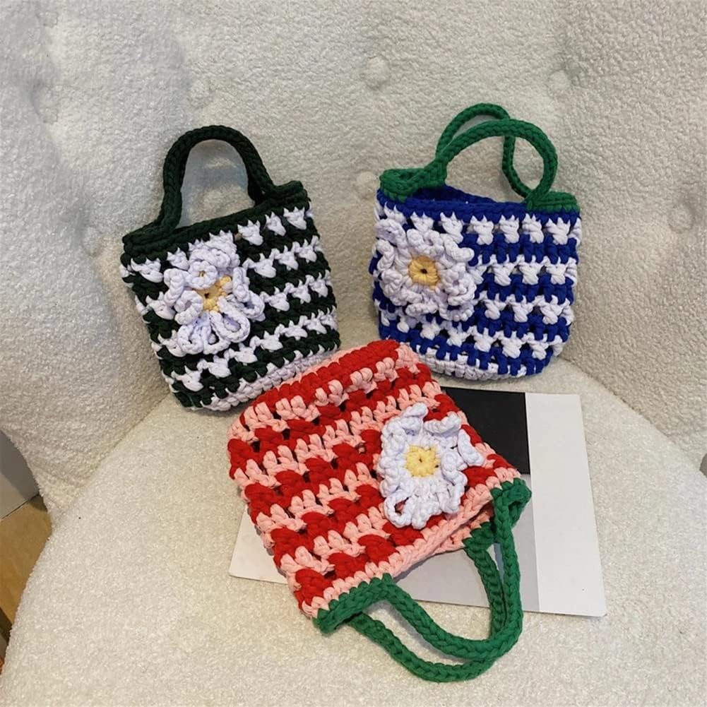 Casual Woven Stitching Bucket Handbags Women Money Purse Contrasting Color Flower Mini Clutch Bag(Black)